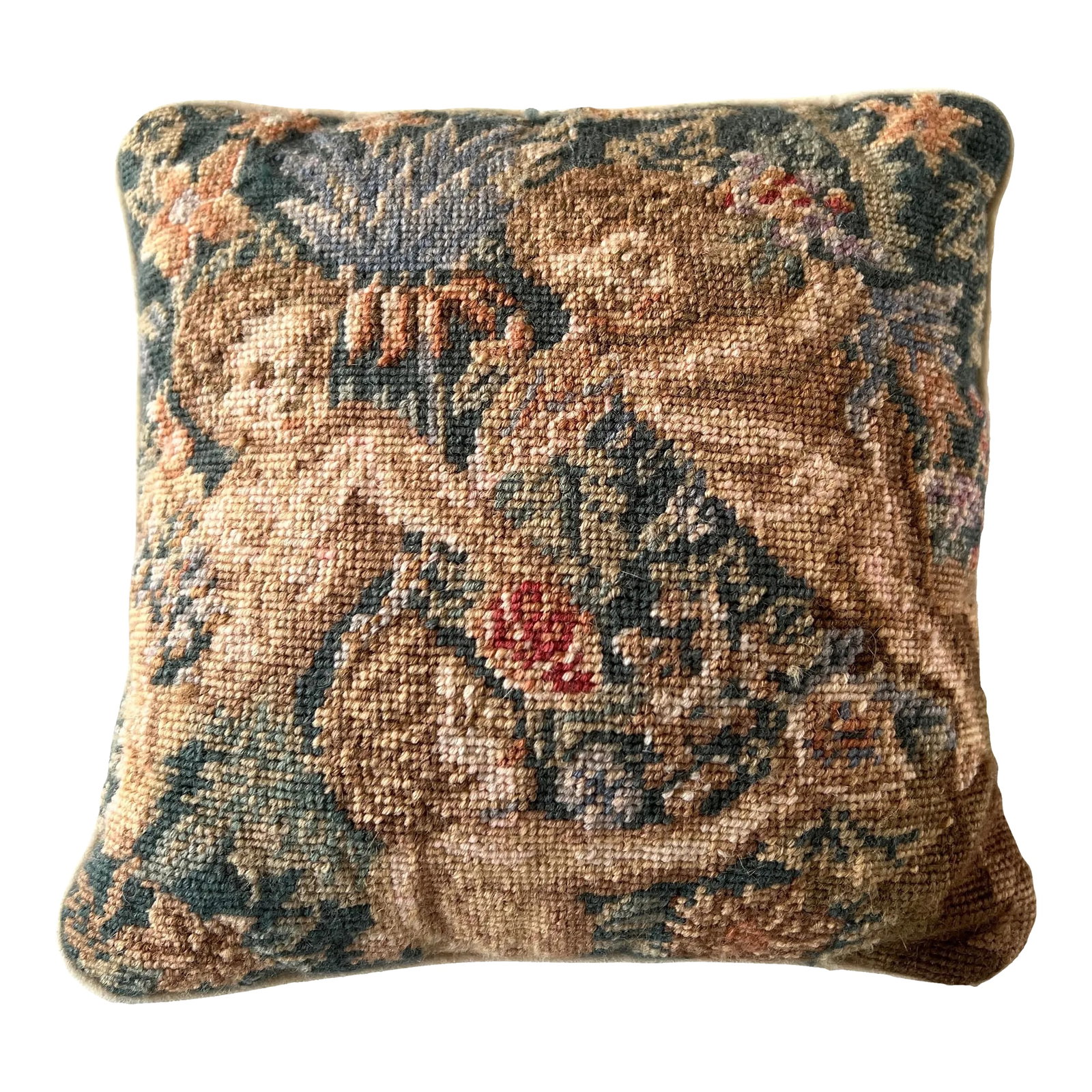 1990s Traditional Wool Needlepoint Pillow/Cushion With New Down Insert: Wool needlepoint pillow in excellent clean condition featuring three cherubs in warm shades of tan, peach, ivory, and blue with a dark green background. Age estimated to be from the 1990s.