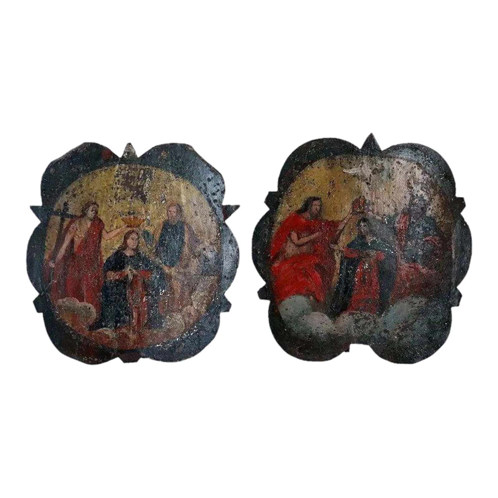 Italian Painted Metal Ecclesiastical One-light Bracket Wall Sconces - a Pair: DATE 18th century, and later CONDITION Note: rewired. The bracket is a later addition. Note: antique item. Shows appropriate wear consistent with age and use. Please review photos. Condition: Alterati