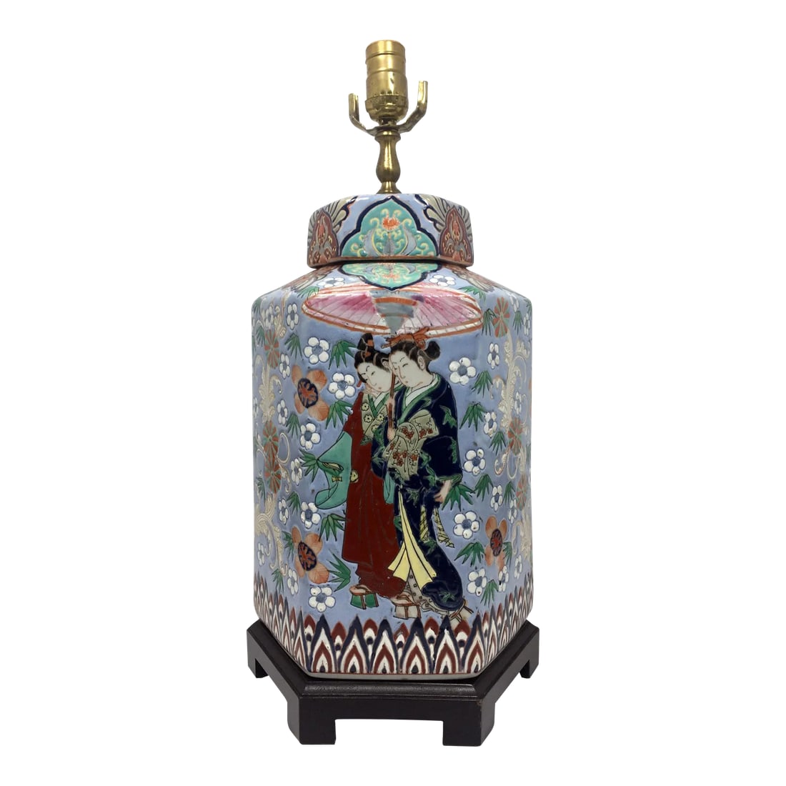 Large Japanese Ginger Jar Table Lamp in Periwinkle: This impressive octagonal ginger jar lamp depicts Japanese two scenes, bold traditional color, and a combination of raised geometric and floral patterns. The colors include an interesting periwinkle