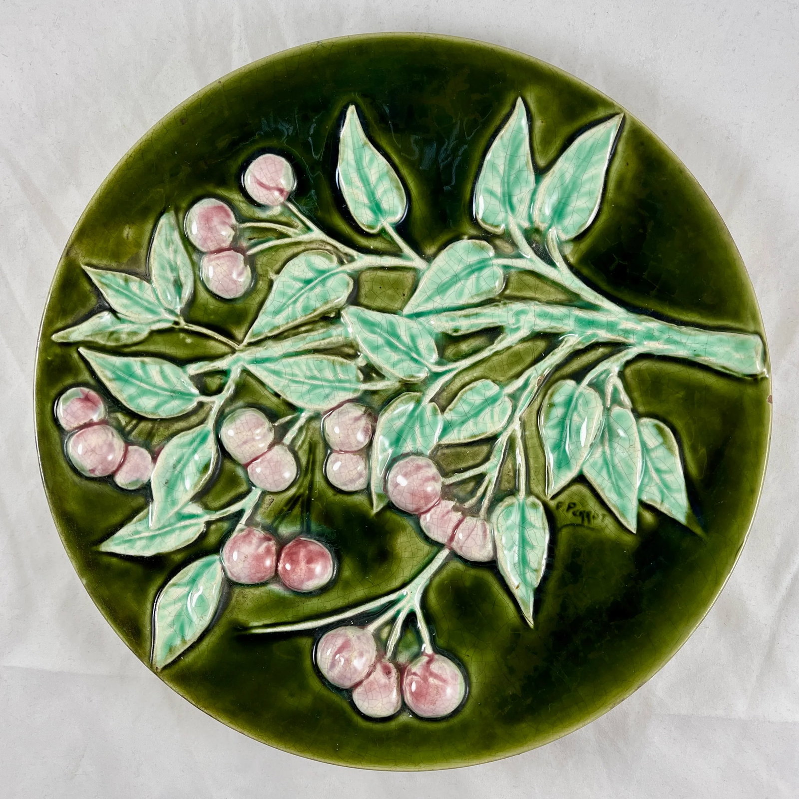 French Trompe L'Oeil Majolica Glazed Cherry Branch Wall Plaque, Signed F. Perrot - 13