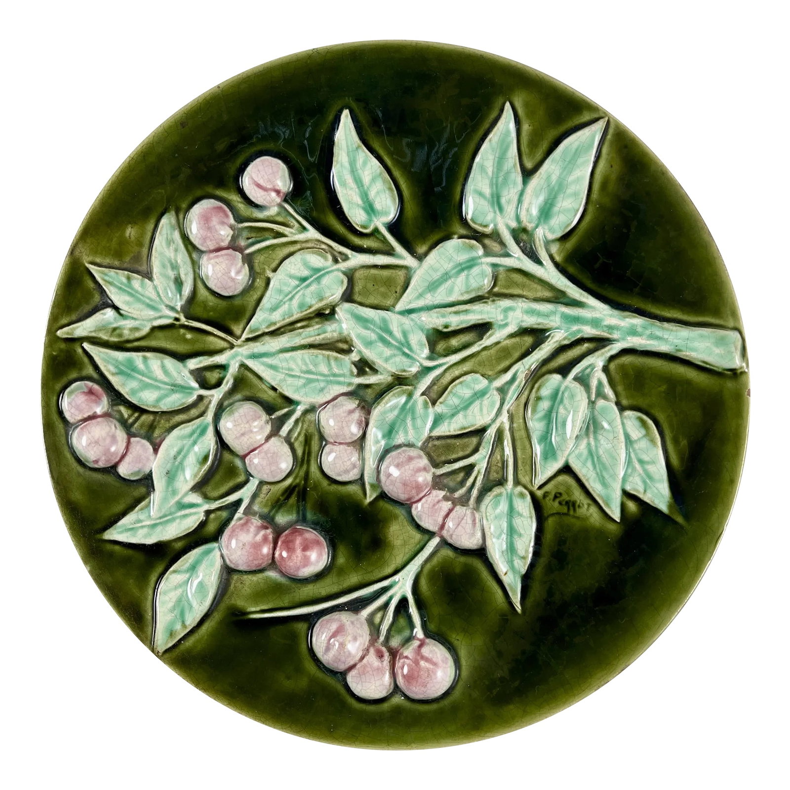 French Trompe L'Oeil Majolica Glazed Cherry Branch Wall Plaque, Signed F. Perrot: A French Palissy majolica glazed hand painted wall plaque, signed by the artist, circa 1890-1900. In the trompe l'oeil style of fool the eye, a dimensional mold showing a branching cherry limb full of