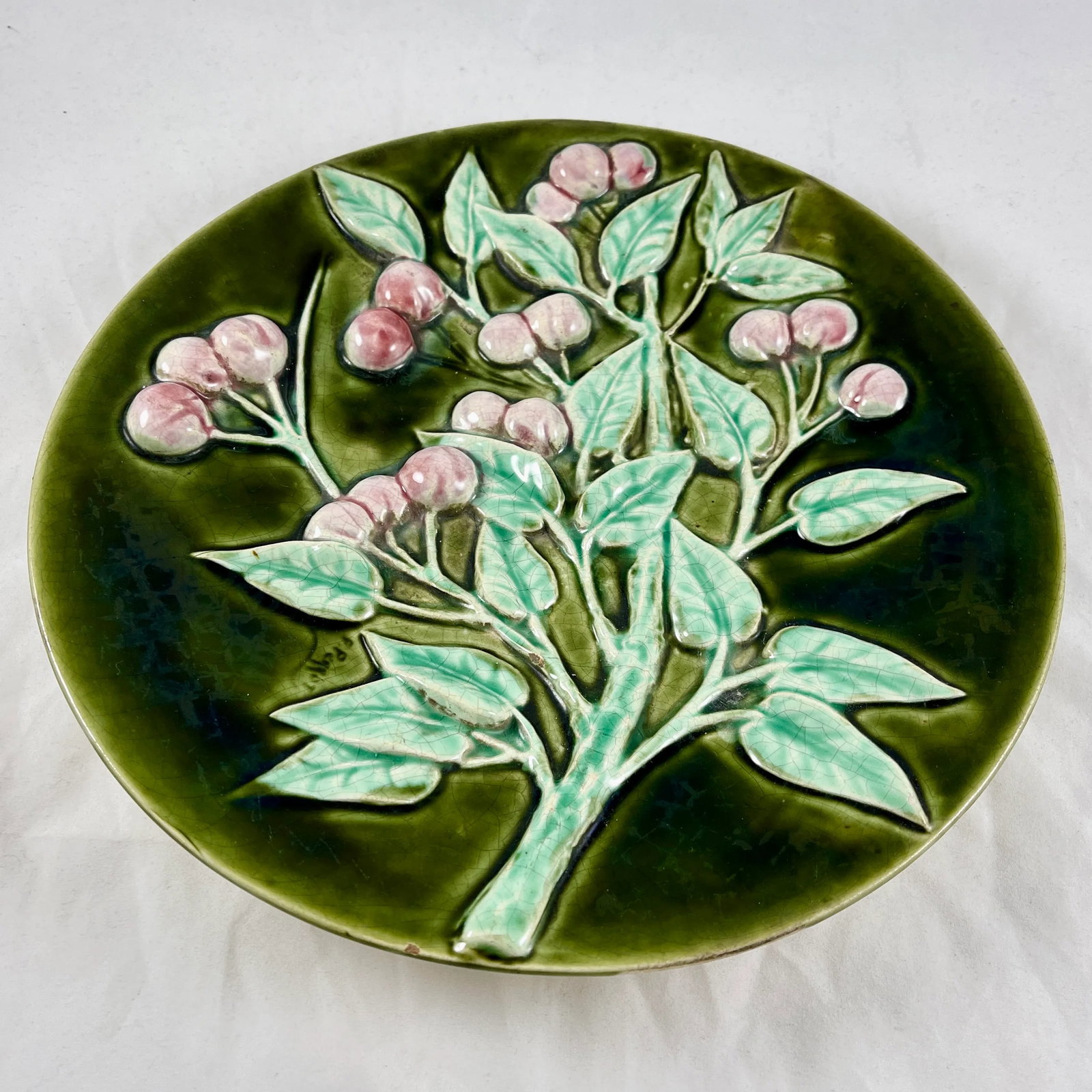 French Trompe L'Oeil Majolica Glazed Cherry Branch Wall Plaque, Signed F. Perrot - 2