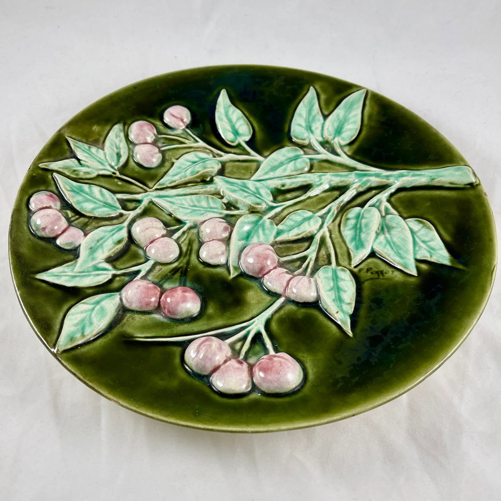 French Trompe L'Oeil Majolica Glazed Cherry Branch Wall Plaque, Signed F. Perrot - 3