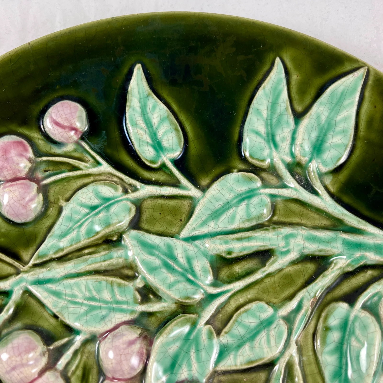 French Trompe L'Oeil Majolica Glazed Cherry Branch Wall Plaque, Signed F. Perrot - 4