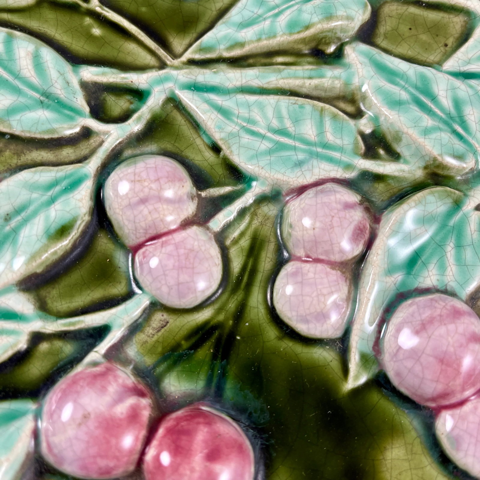 French Trompe L'Oeil Majolica Glazed Cherry Branch Wall Plaque, Signed F. Perrot - 5
