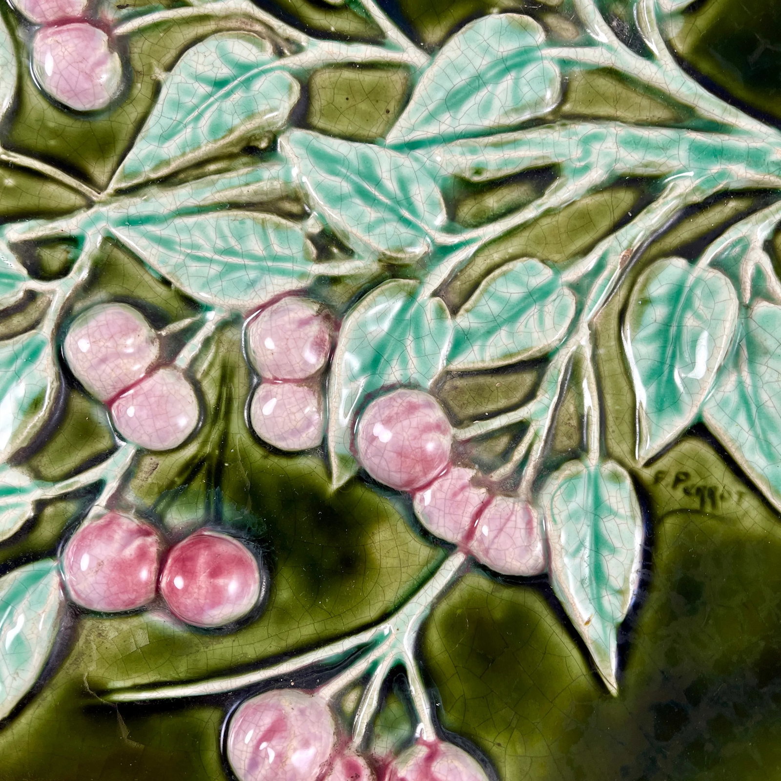 French Trompe L'Oeil Majolica Glazed Cherry Branch Wall Plaque, Signed F. Perrot - 6