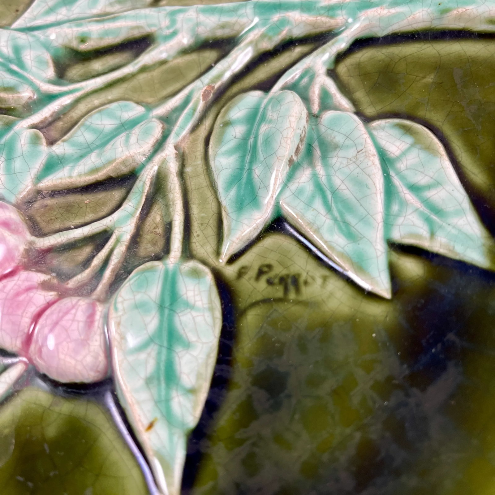 French Trompe L'Oeil Majolica Glazed Cherry Branch Wall Plaque, Signed F. Perrot - 7