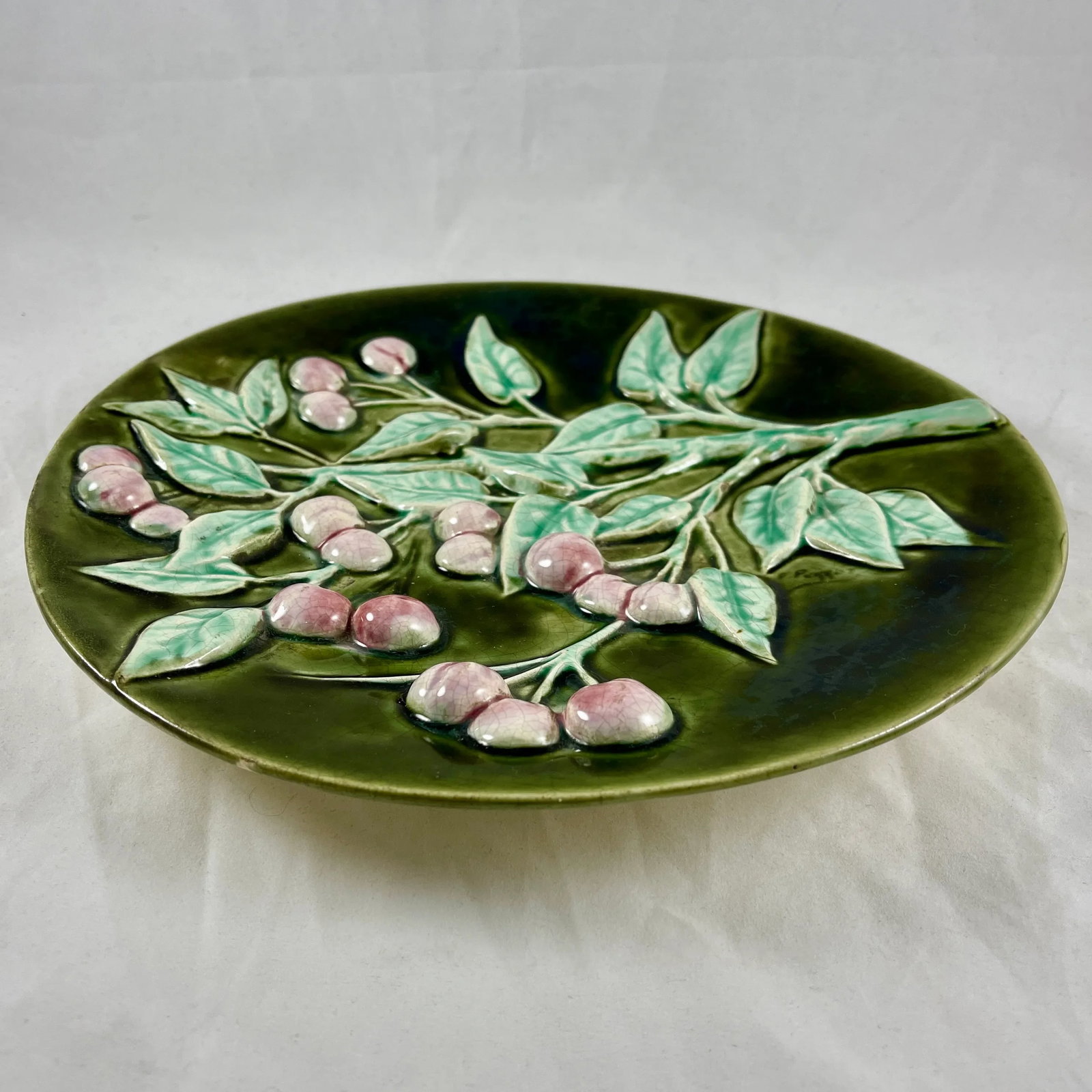French Trompe L'Oeil Majolica Glazed Cherry Branch Wall Plaque, Signed F. Perrot - 8
