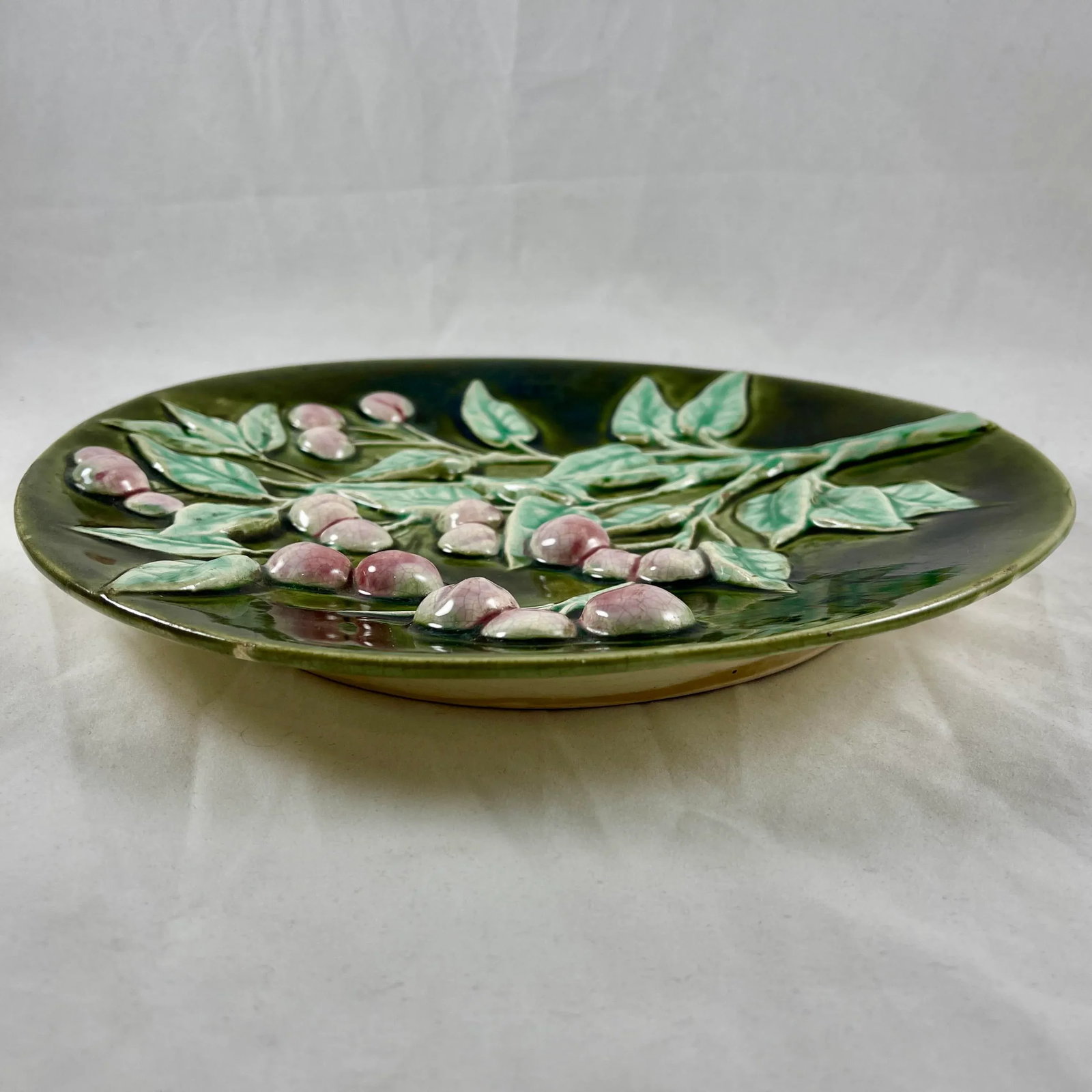 French Trompe L'Oeil Majolica Glazed Cherry Branch Wall Plaque, Signed F. Perrot - 9