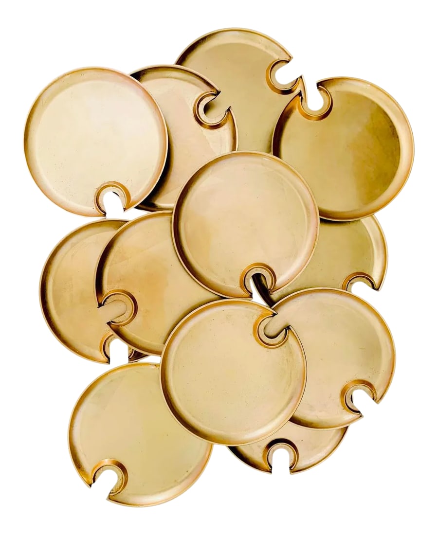 Vintage Hollywood Regency Cocktail Plates With Glass Cup Rest Holder, Gold Leaf Lacquer- Set of 12 P: A vintage Mid Century Hollywood Regency set of 12 gold leaf lacquer melamine 9" diameter cocktail plates with glass cup rest/holder. The perfect elegant and timeless addition to your next buffet and