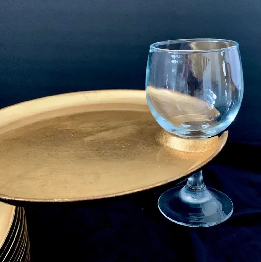 Vintage Hollywood Regency Cocktail Plates With Glass Cup Rest Holder, Gold Leaf Lacquer- Set of 12 P - 2