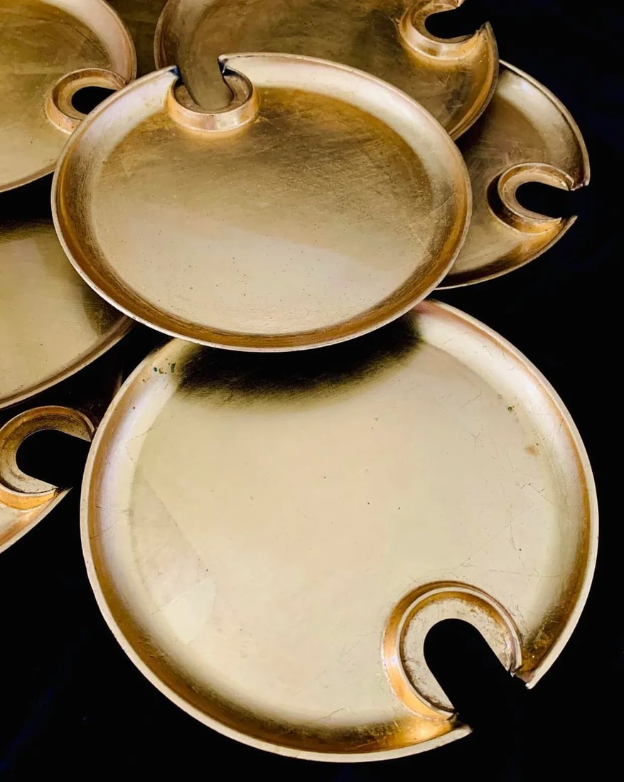 Vintage Hollywood Regency Cocktail Plates With Glass Cup Rest Holder, Gold Leaf Lacquer- Set of 12 P - 5