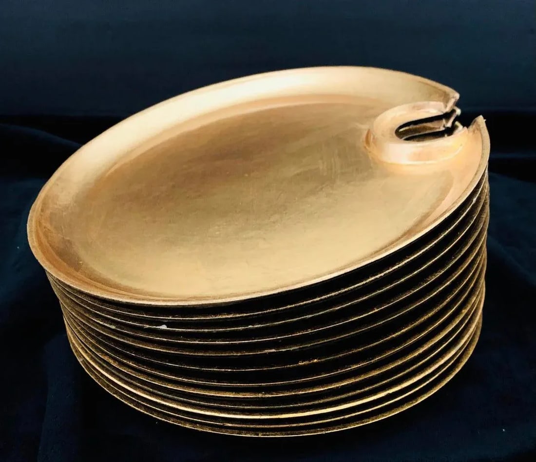 Vintage Hollywood Regency Cocktail Plates With Glass Cup Rest Holder, Gold Leaf Lacquer- Set of 12 P - 6