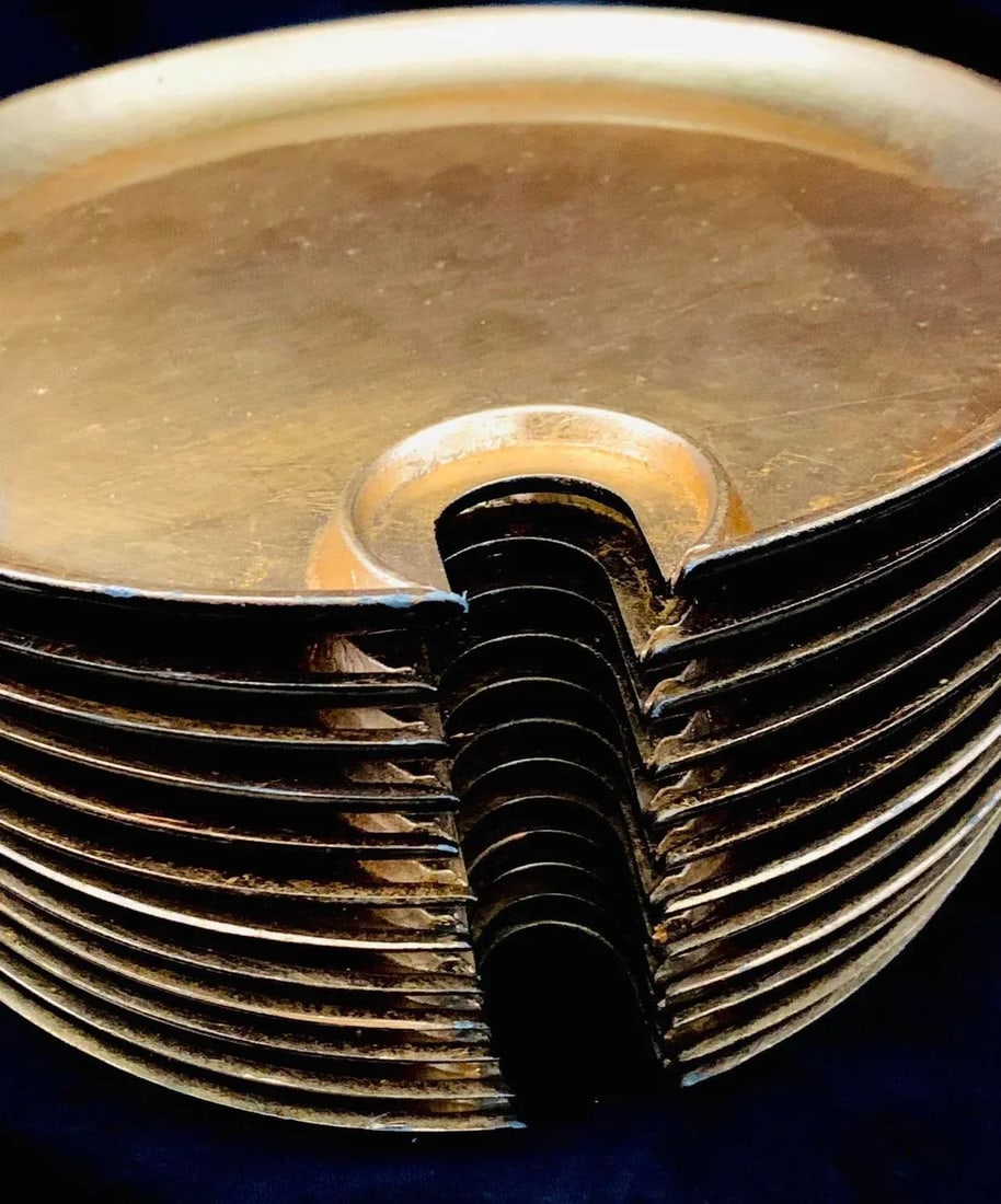 Vintage Hollywood Regency Cocktail Plates With Glass Cup Rest Holder, Gold Leaf Lacquer- Set of 12 P - 7