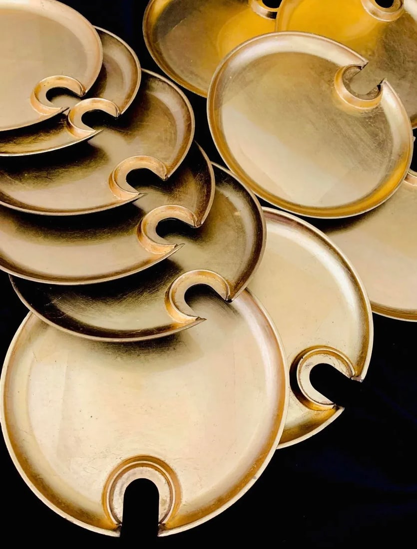 Vintage Hollywood Regency Cocktail Plates With Glass Cup Rest Holder, Gold Leaf Lacquer- Set of 12 P - 8