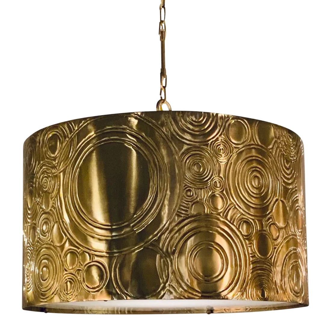 Currey & Co. Modern Embossed Geometric Brass Finished Drum Pendant Prototype: Stylish Currey & Co. Modern Embossed Geometric Brass Finished Drum Pendant Prototype, frosted diffuser, showroom floor sample Condition: Imperfections: Some Imperfections Condition Notes: Showroom flo