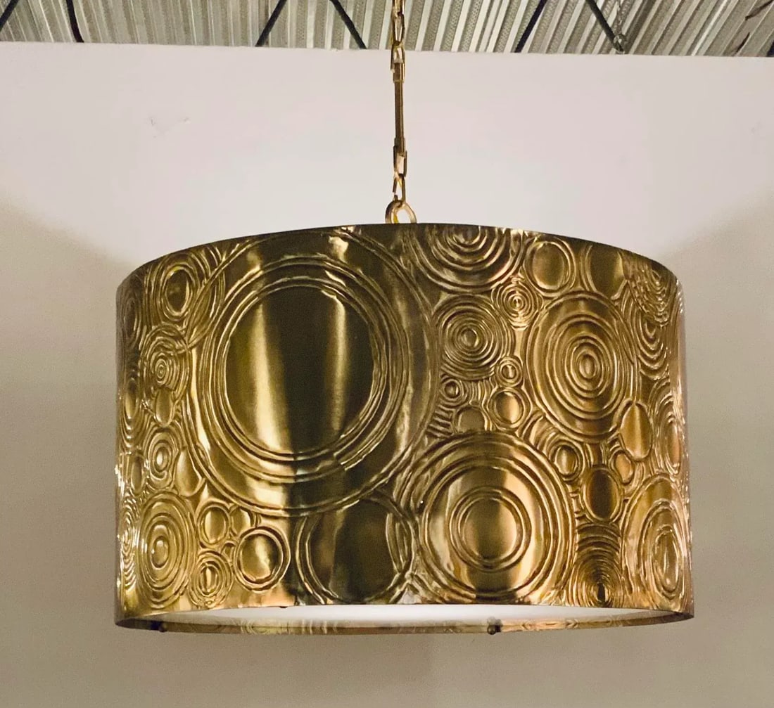 Currey & Co. Modern Embossed Geometric Brass Finished Drum Pendant Prototype - 6