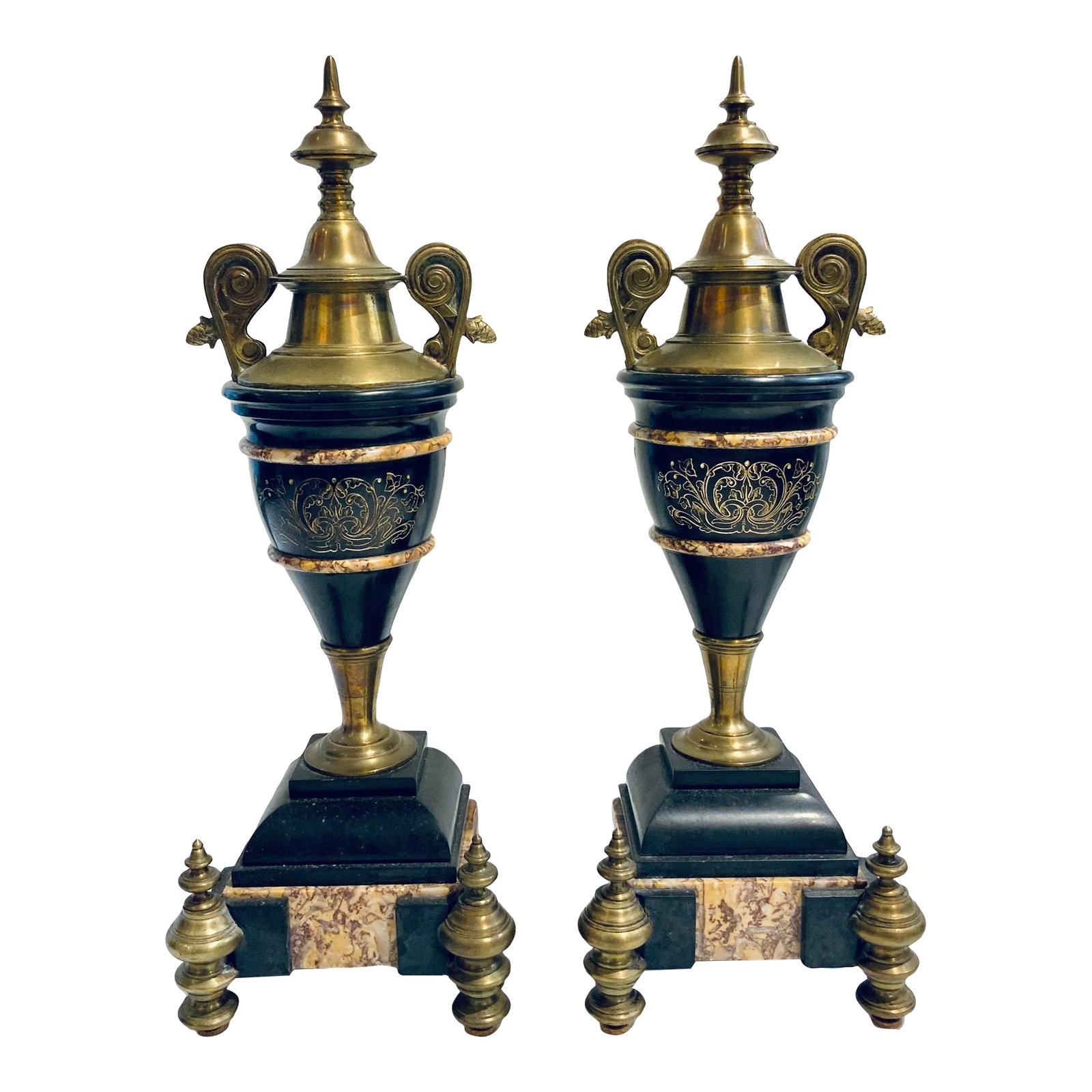 Antique Neoclassical Marble and Bronze Mantle Urns Pair: Elegant Antique Neoclassical Marble and Bronze Mantle Urns Pair, Circa late 19th Century Condition: Imperfections: Some Imperfections Condition Notes: Not brand new Materials & Techniques: Bronze,