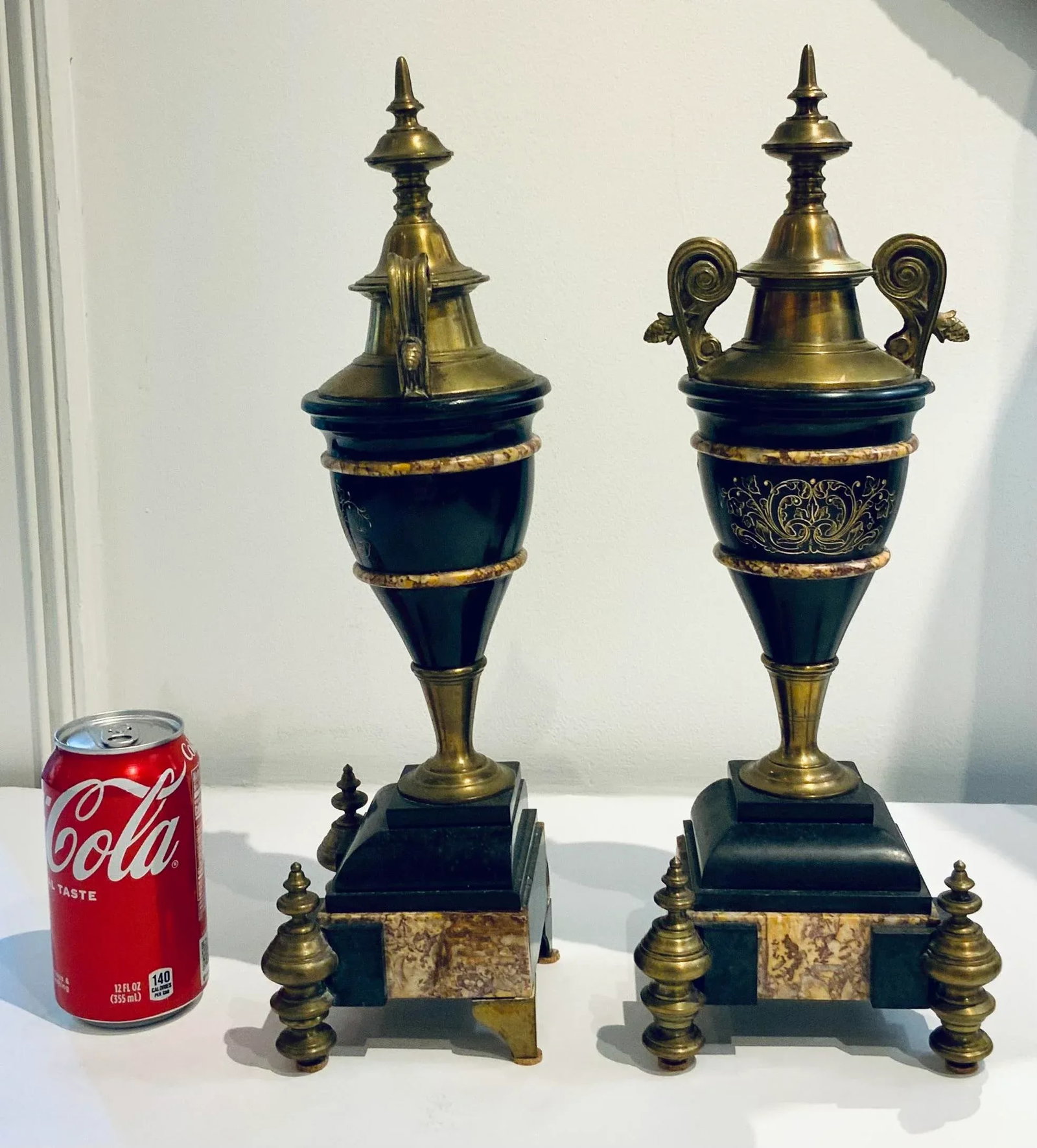 Antique Neoclassical Marble and Bronze Mantle Urns Pair - 5