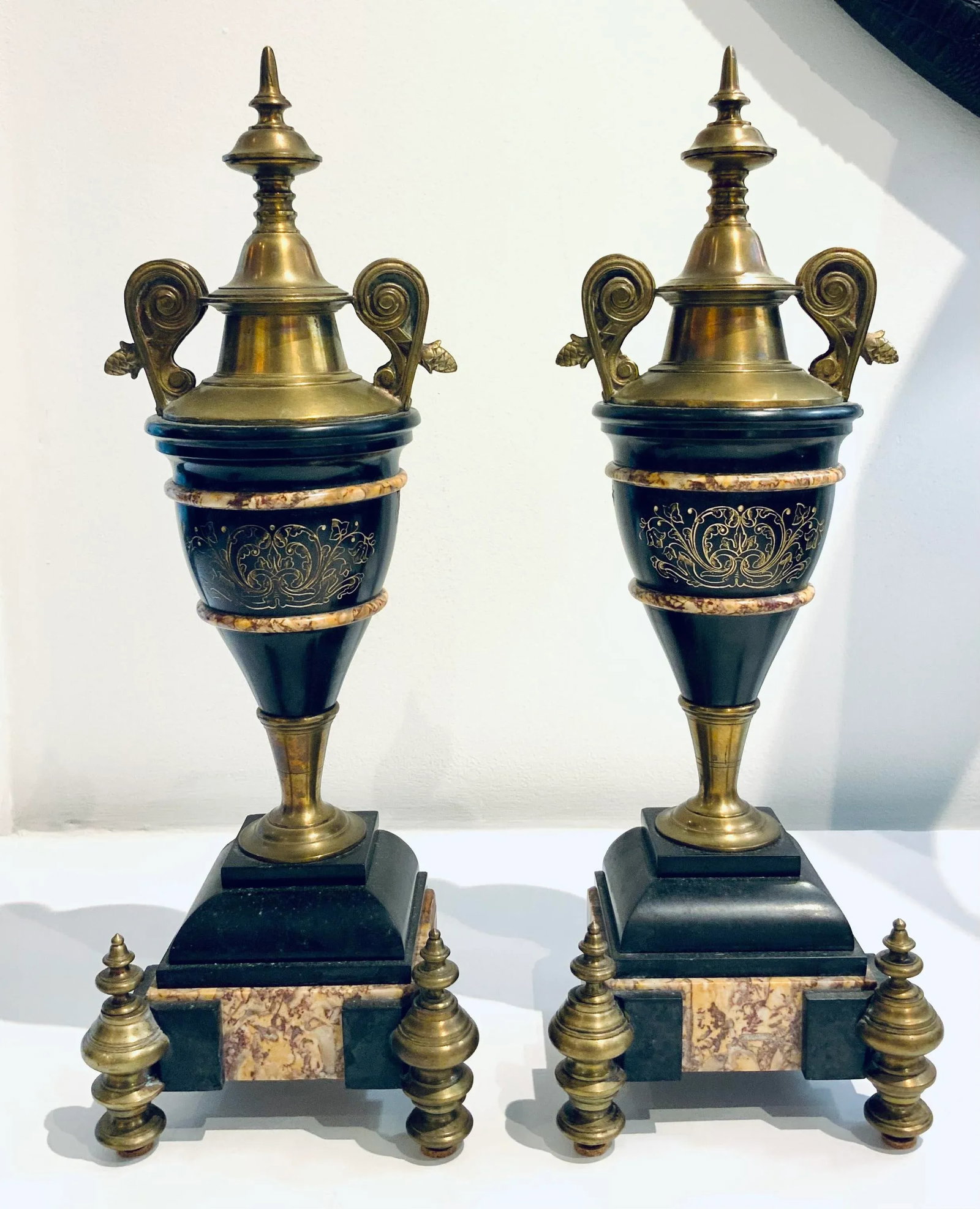 Antique Neoclassical Marble and Bronze Mantle Urns Pair - 6