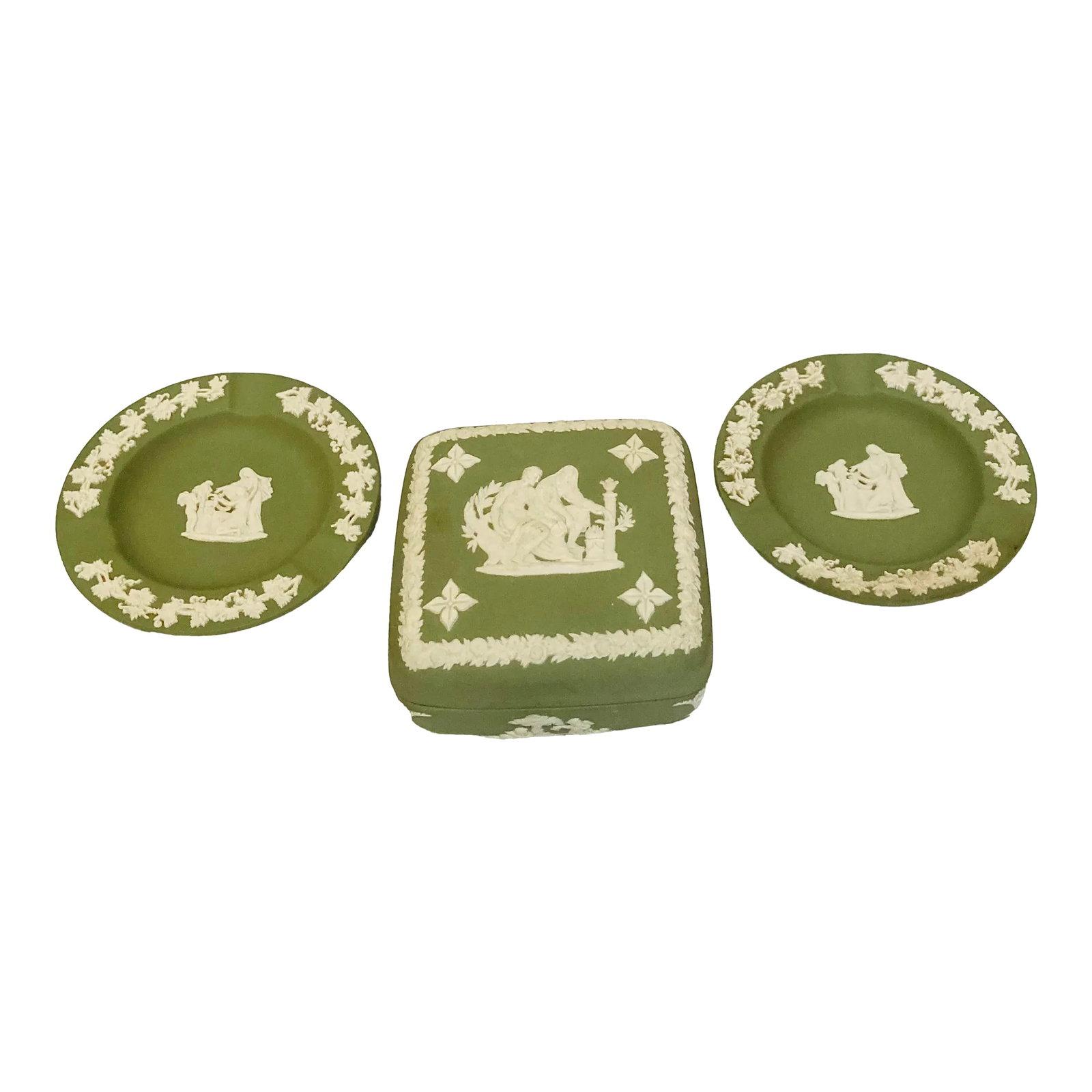 1960s Wedgwood Olive Trinket Box and Plates - Set of 3: Vintage Wedgwood made in England from the 1960's trinket box with 2 matching small plates. 1. Box is 4" wide and 2" tall 2. Small plates are 4" round. Condition: Alterations: Original Condition Unalte