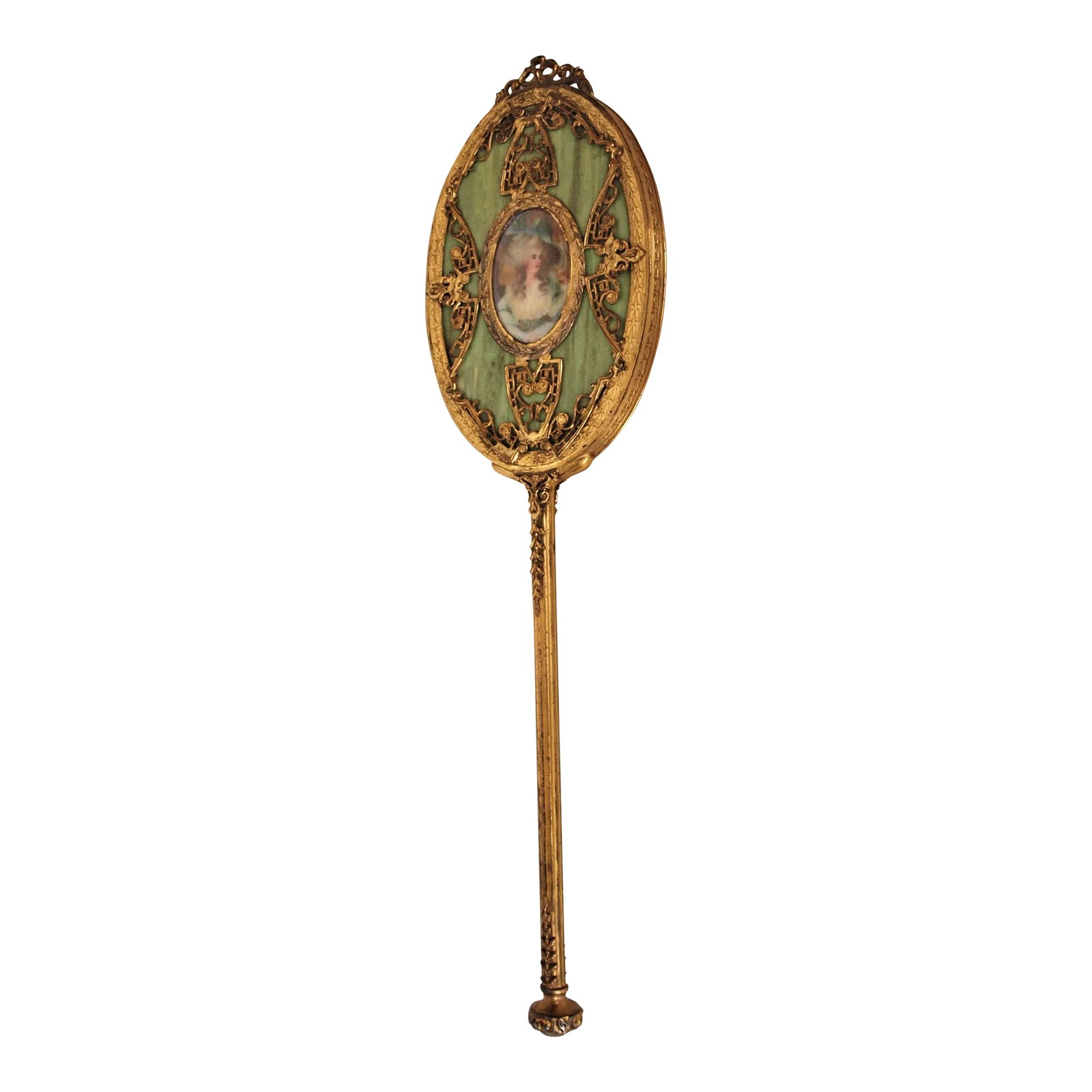 Vintage Gold Gilded Hand Mirror With Painted Portrait: Antique gold gilded hand mirror with hand painted portrait of a woman in the center. On the front is also a underlying of green celluloid. Heavy beveled mirror on the back. Measures 15" long and 4 1/2