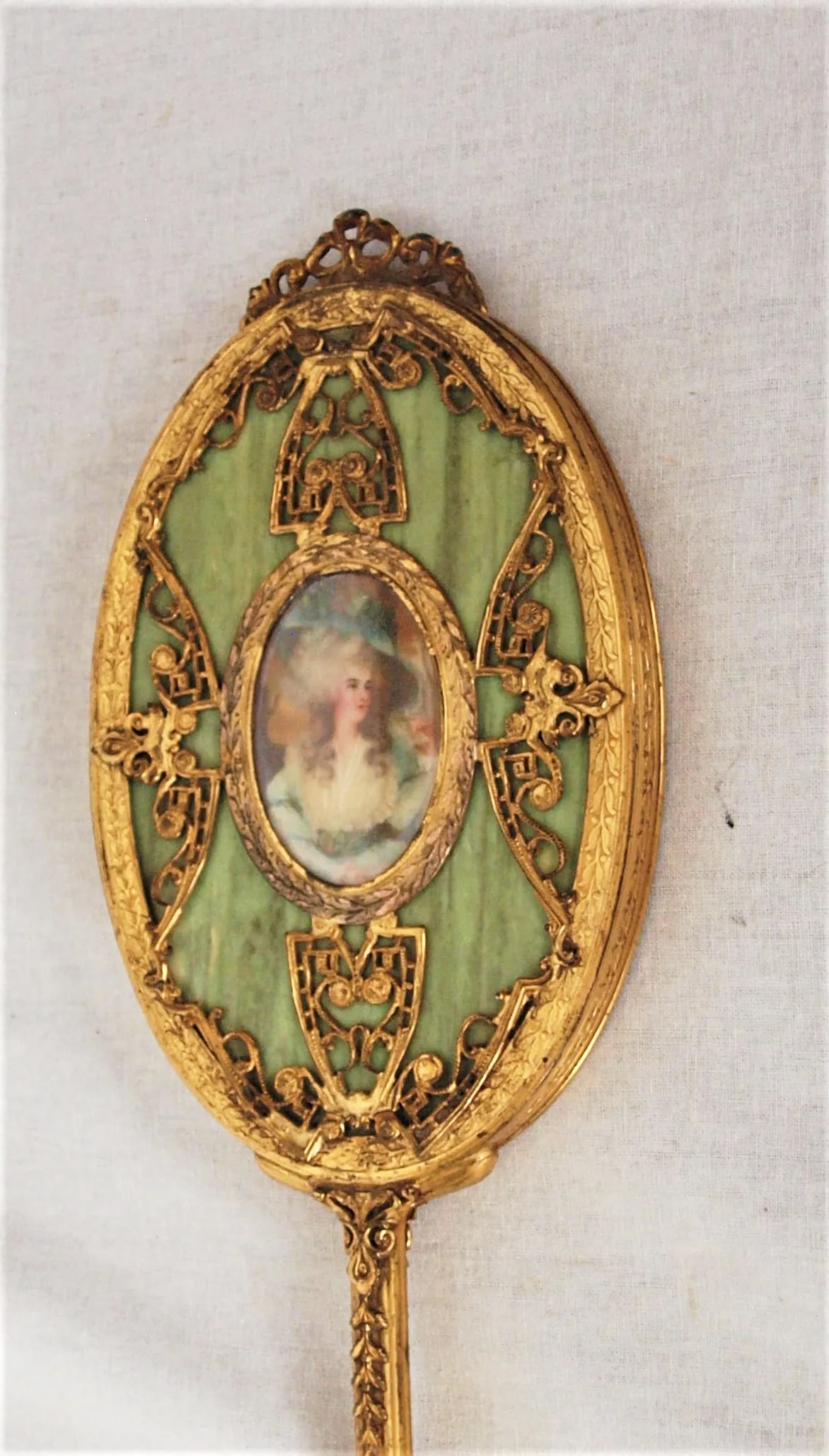 Vintage Gold Gilded Hand Mirror With Painted Portrait - 2