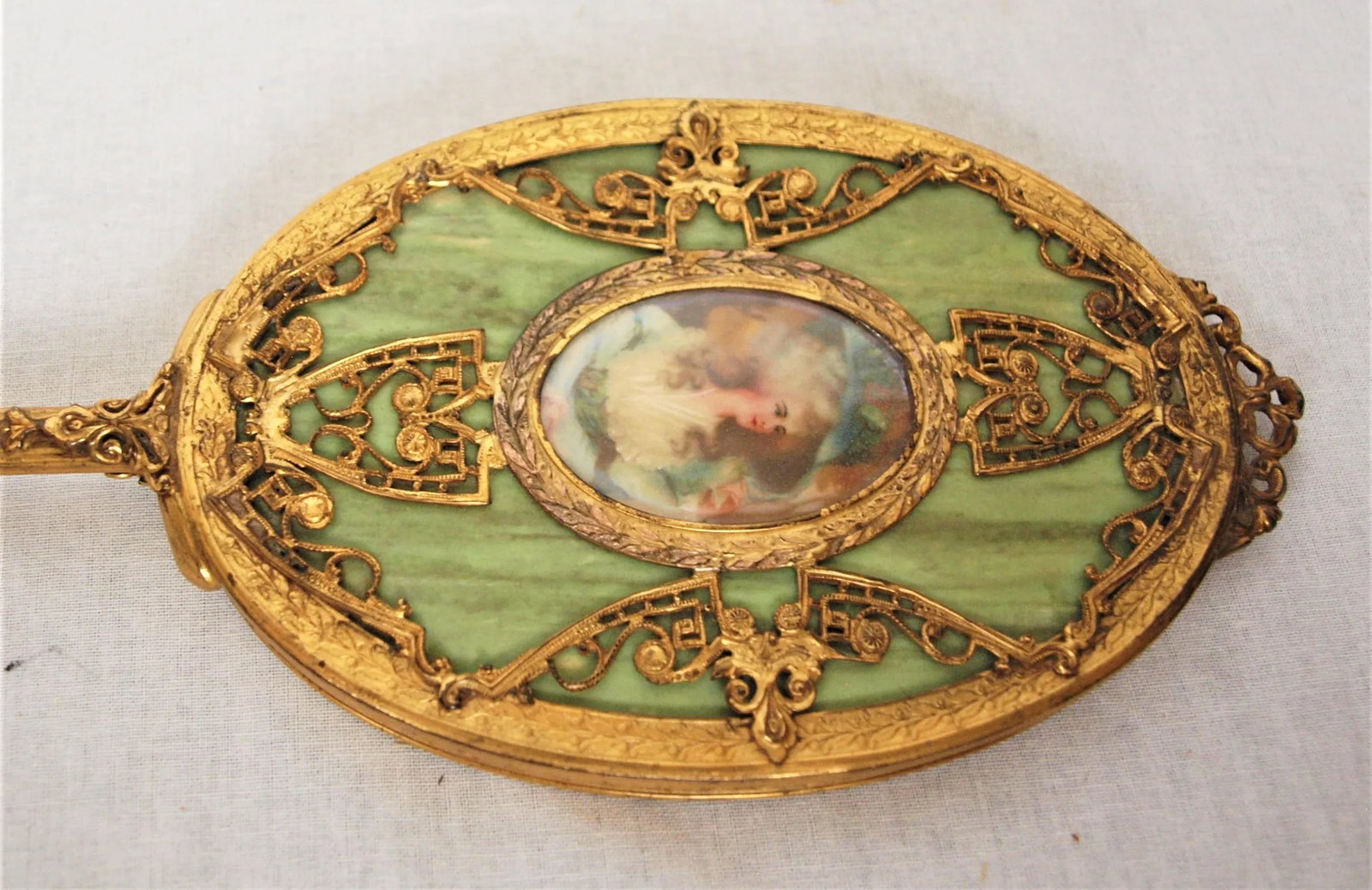 Vintage Gold Gilded Hand Mirror With Painted Portrait - 3