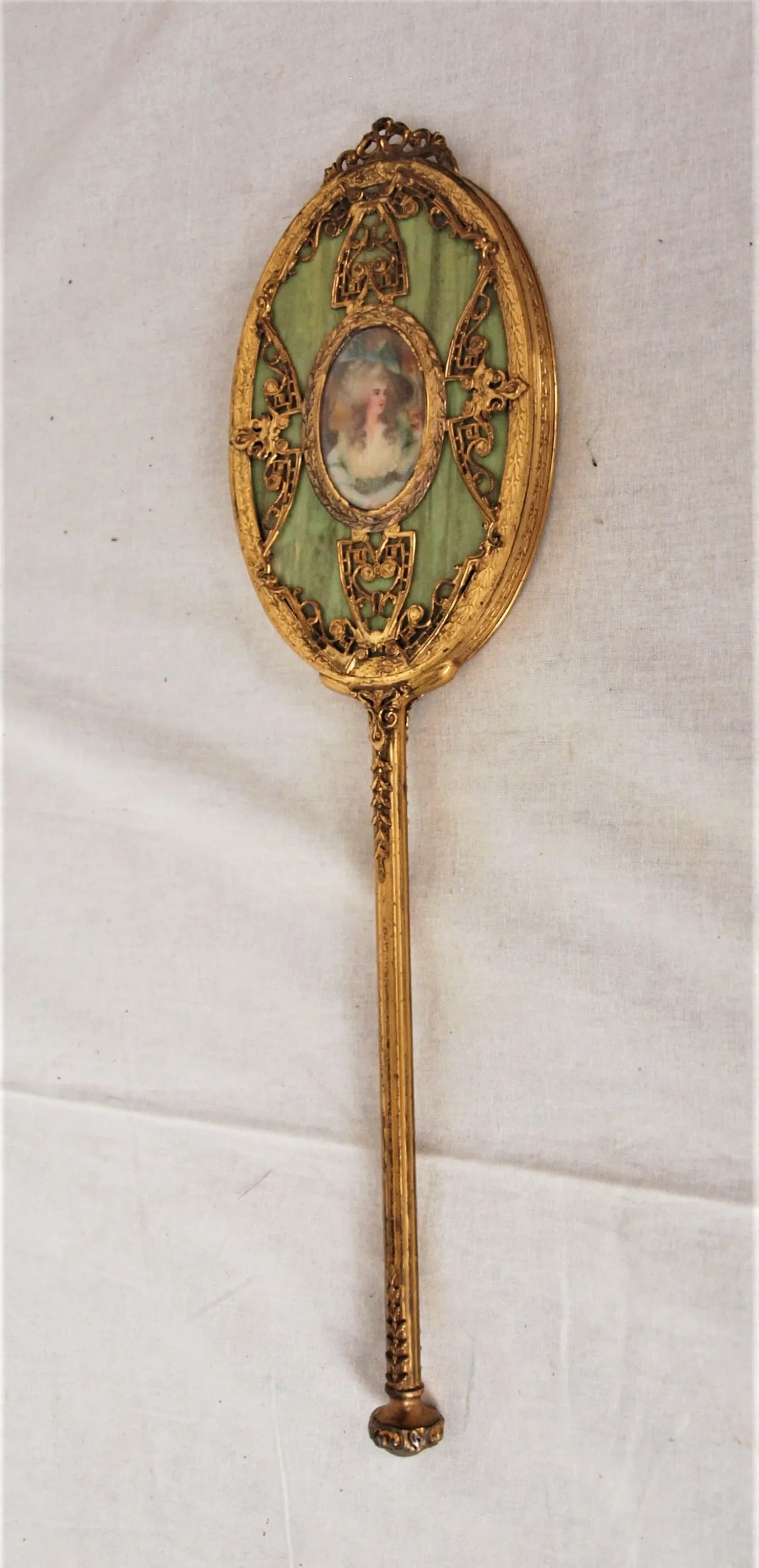 Vintage Gold Gilded Hand Mirror With Painted Portrait - 5