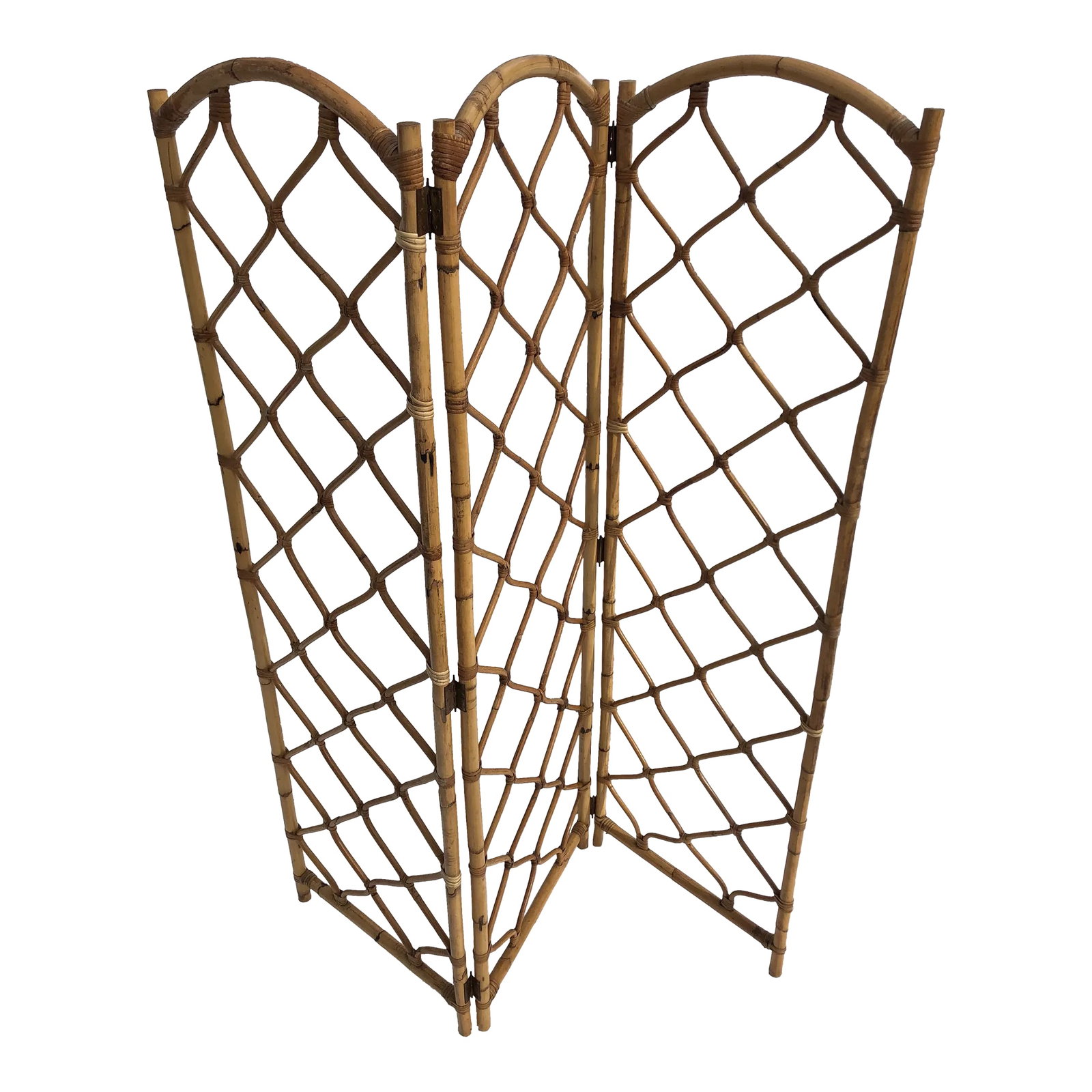 Vintage Rattan Folding Room Divider: Very Boho 1970's rattan room divider. A few of the joints have been re-wrapped (see pic) but the piece is in overall very good condition. Condition: Alterations: Restored Imperfections: Some