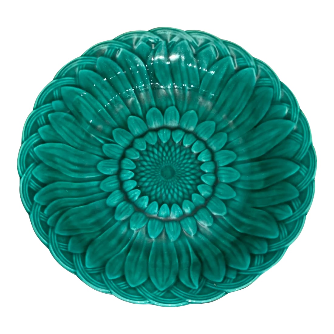1980s Italian Majolica Serving Plate: Vintage Italian Majolica Serving Dish. Green glaze with sunflower and basket weave motif. Condition: Alterations: Original Condition Unaltered Imperfections: Some Imperfections Condition Notes: Very G