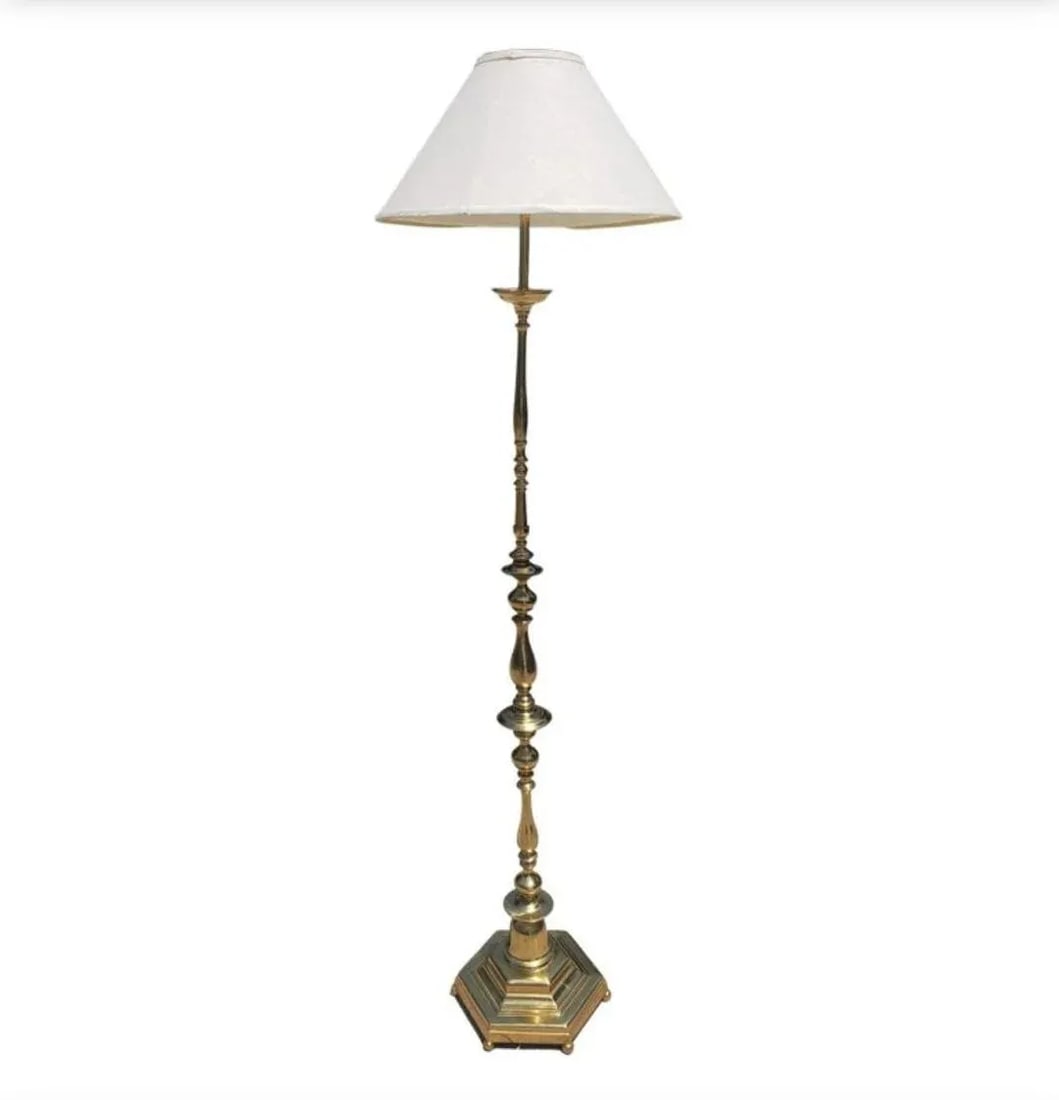 Mid Century Regency Solid Polish Brass Two Light Floor Lamp - 10