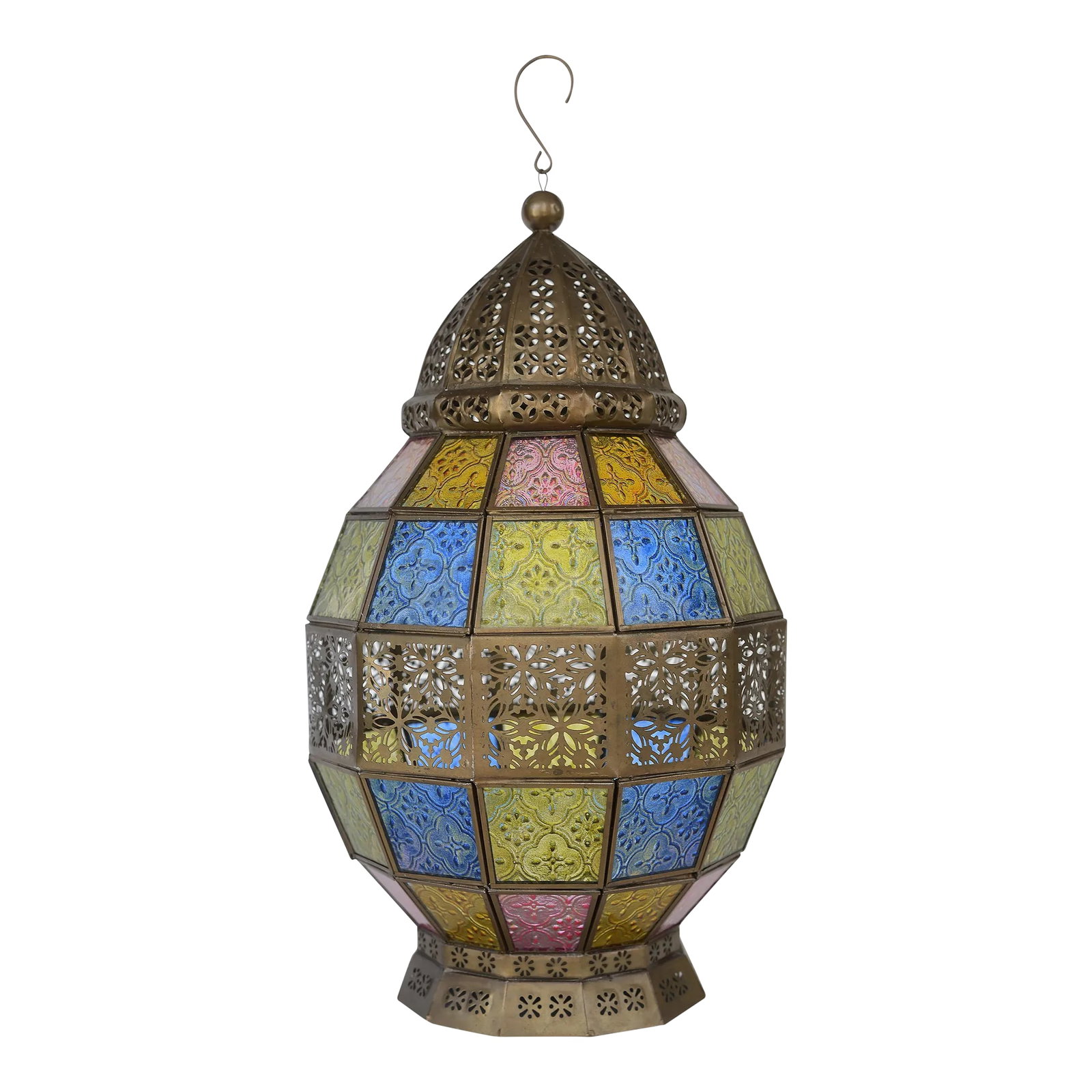 Vintage Victorian Style Stained Glass & Brass Hanging Lantern: A very rare and beautiful vintage Victorian style hanging lantern made of brass and panels of stained glass in blue, pink, orange and yellow. Striking ornamental details seen throughout this Moroccan-