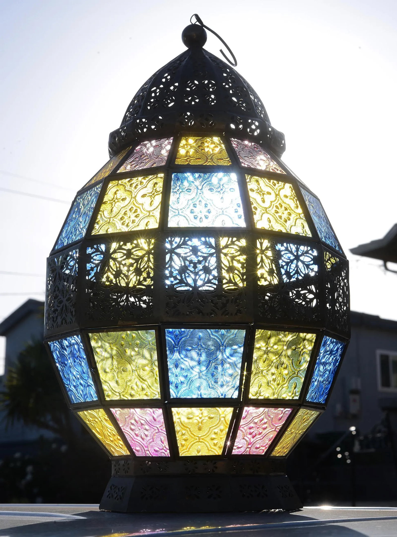 Vintage Victorian Style Stained Glass & Brass Hanging Lantern - 2