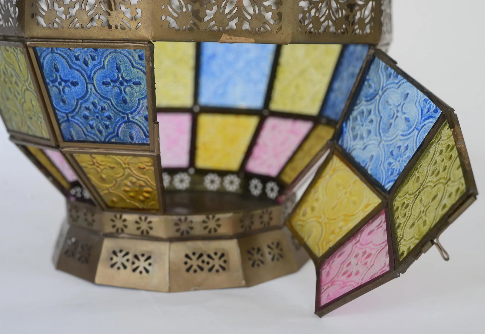 Vintage Victorian Style Stained Glass & Brass Hanging Lantern - 6