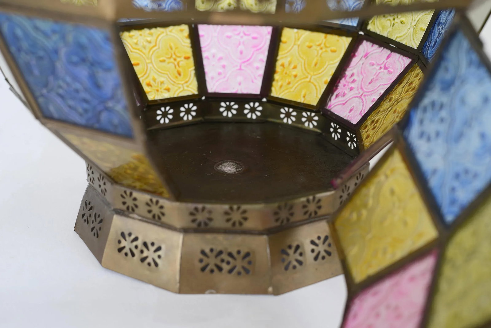 Vintage Victorian Style Stained Glass & Brass Hanging Lantern - 7