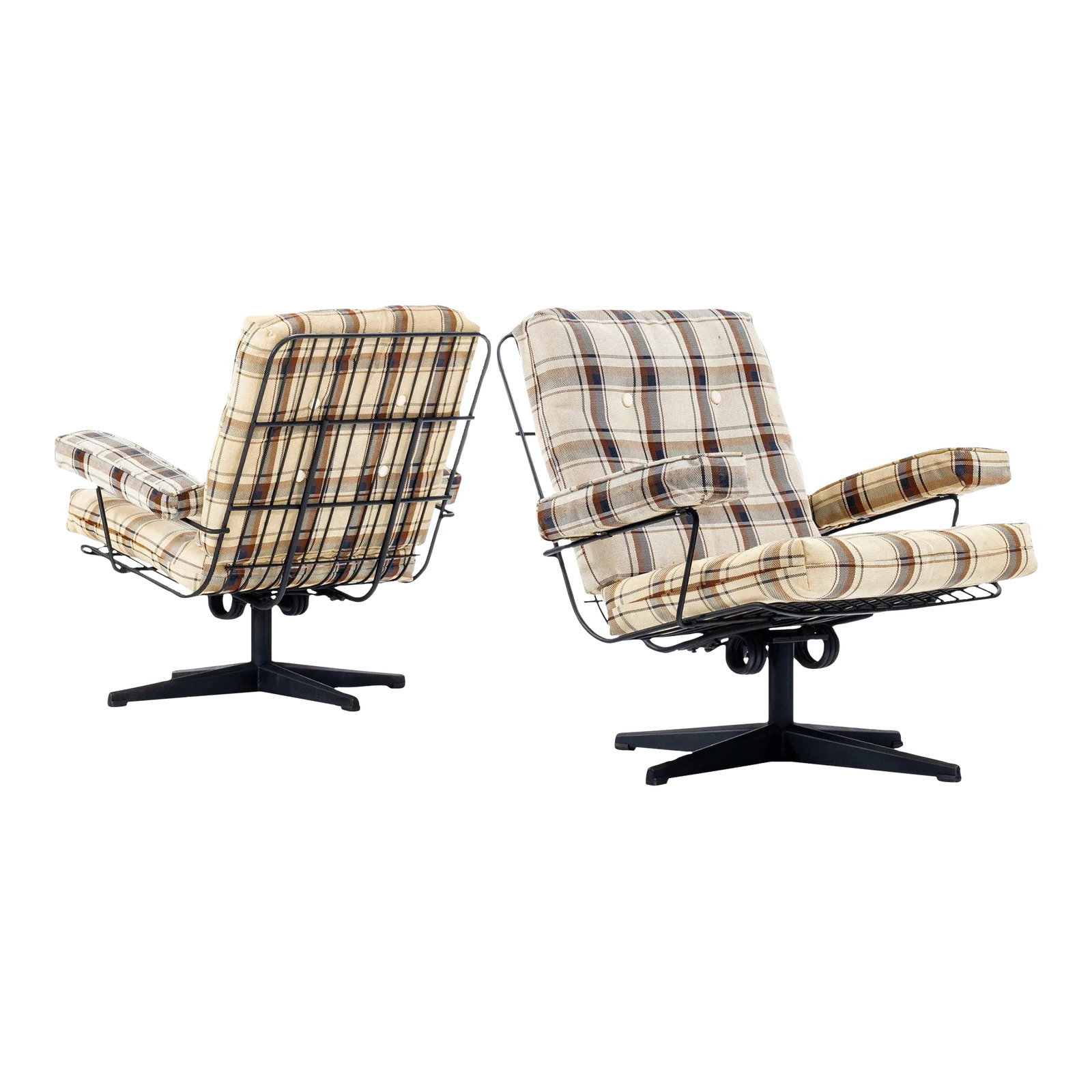Mid Century Modern Iron Wire Swiveling Patio Chairs, circa 1960's - A Pair: Constructed from steel wire this set of two period patio chairs boast the original plaid outdoor cushions. Use these in a sunroom, patio or in your interior if desired. The set swivels, rocks, is desi