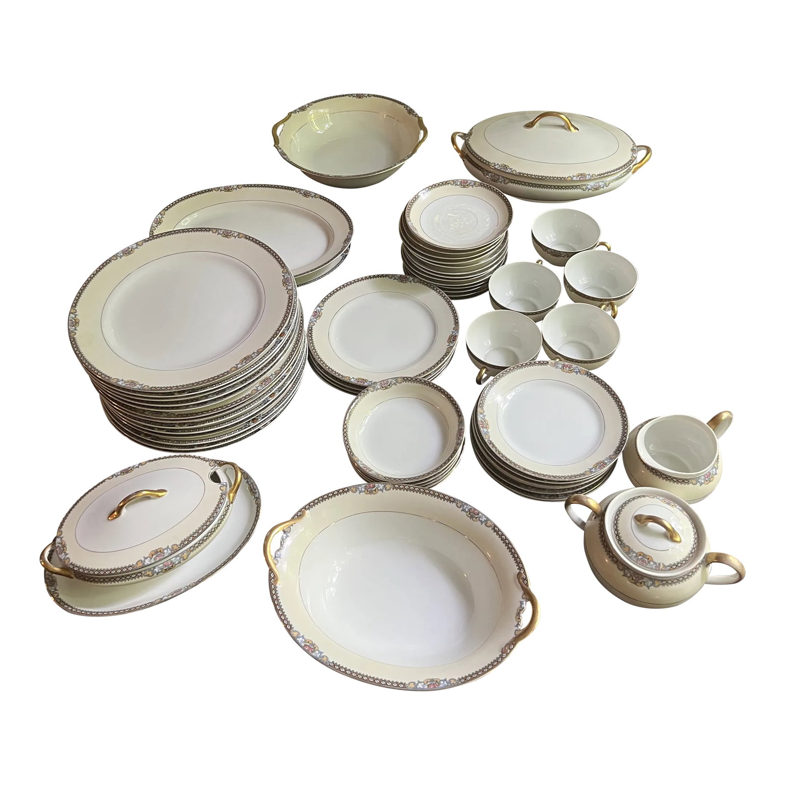 Antique Noritake Meringo, Made in Japan- 56 Pieces: Antique, vintage, Noritake, Meringo, made in Japan, 56 pieces Description: Pink Roses, Diamonds on Tan Band, Smooth Pattern: Meringo by Noritake Status: Discontinued. Circa: 1921 - 13 Dinner Plate W-
