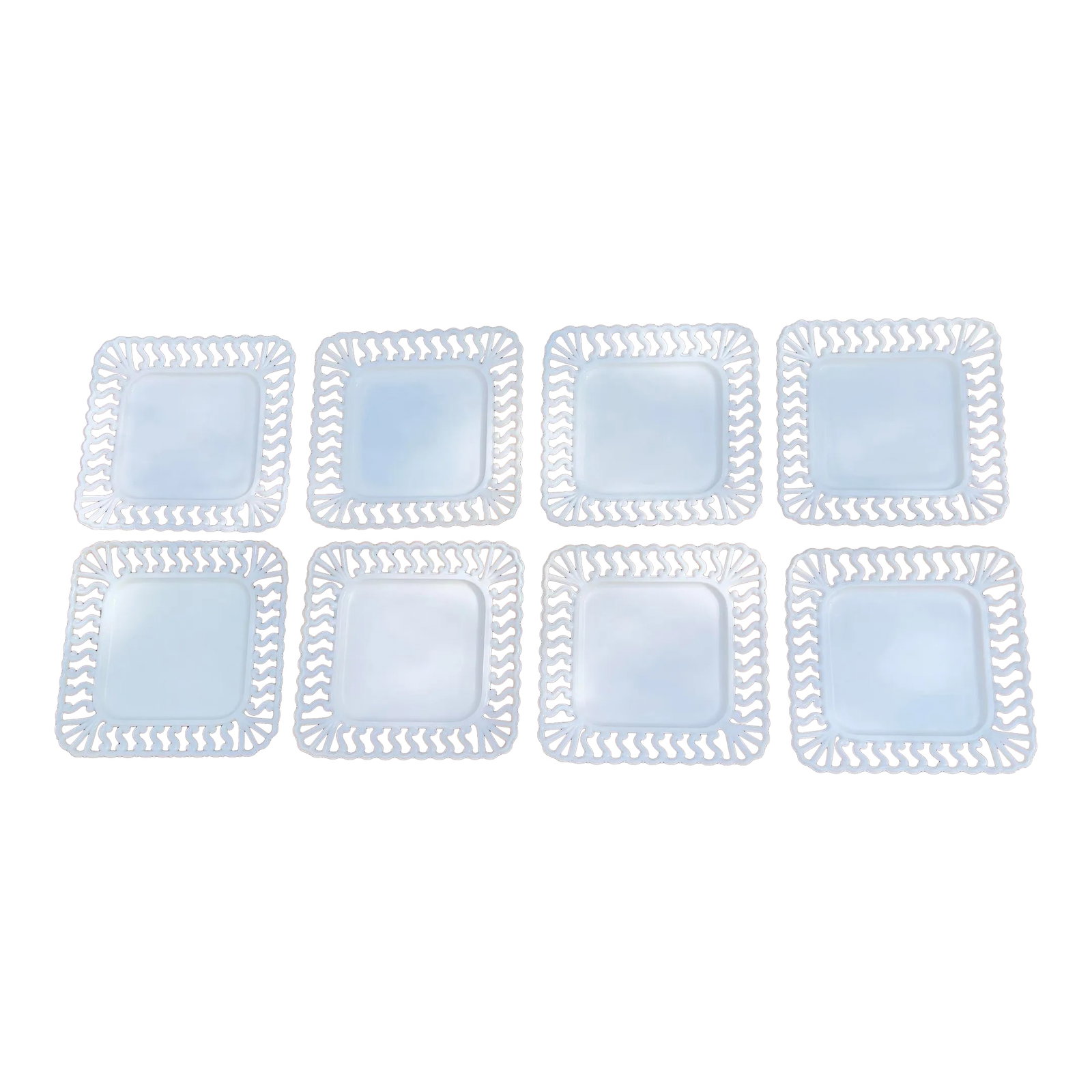 1940s Westmoreland Square Reticulated Milk Glass Plates- Set of 8: The interior width of the plate is 5.5 inches. A set of eight milk glass Westmoreland plates with a lattice style edge. The pattern is called Square S, and it is in Milk Glass. Each plate measures 8 3
