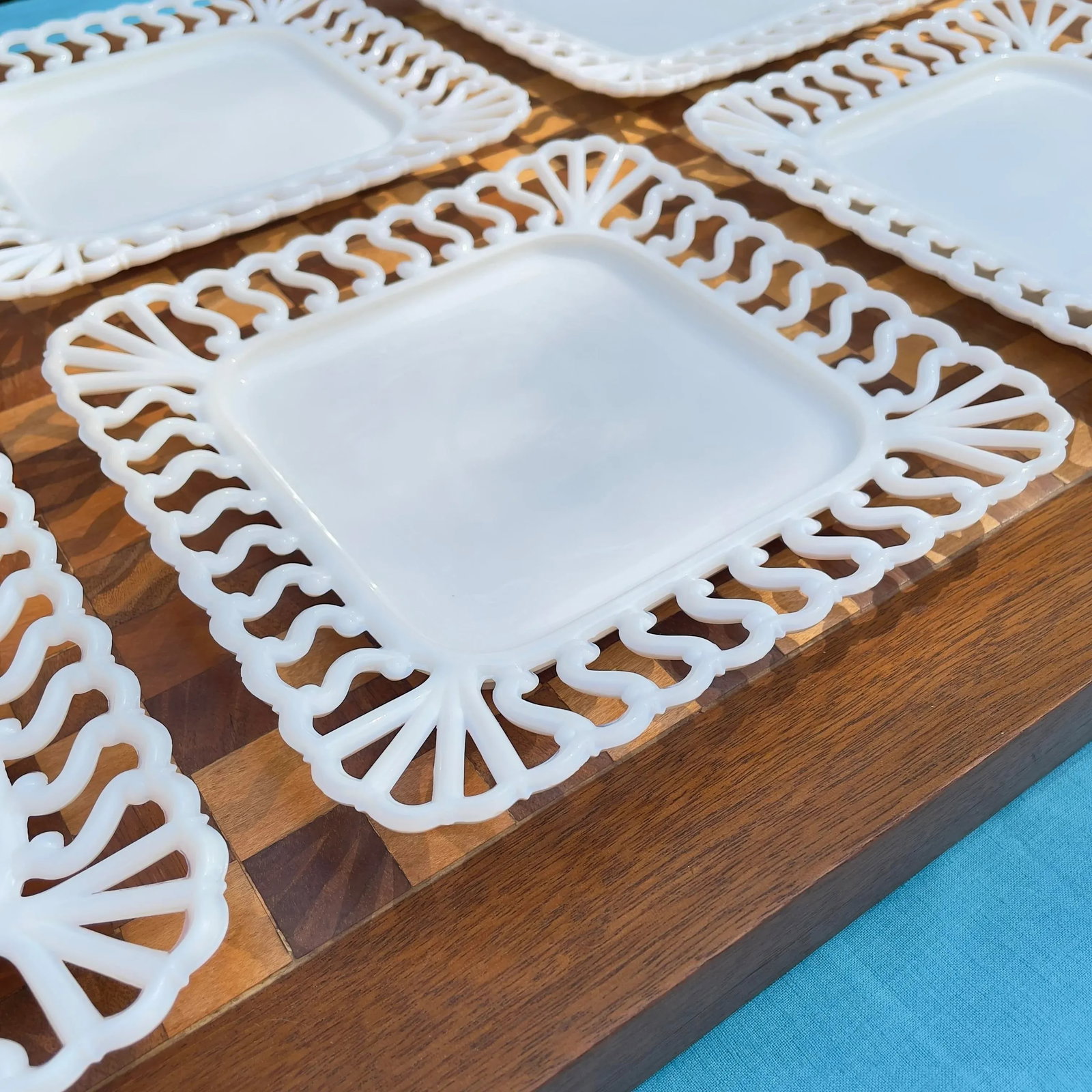1940s Westmoreland Square Reticulated Milk Glass Plates- Set of 8 - 3
