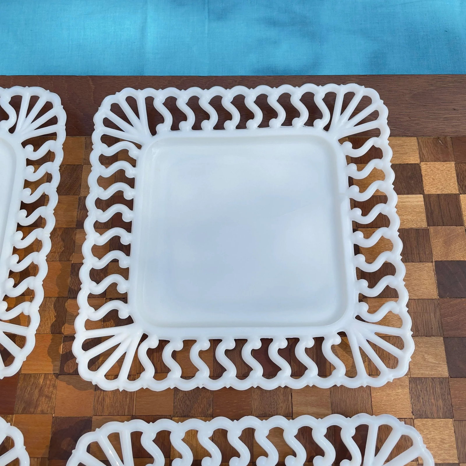 1940s Westmoreland Square Reticulated Milk Glass Plates- Set of 8 - 4