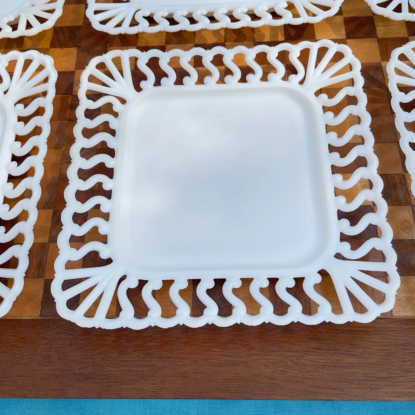 1940s Westmoreland Square Reticulated Milk Glass Plates- Set of 8 - 5