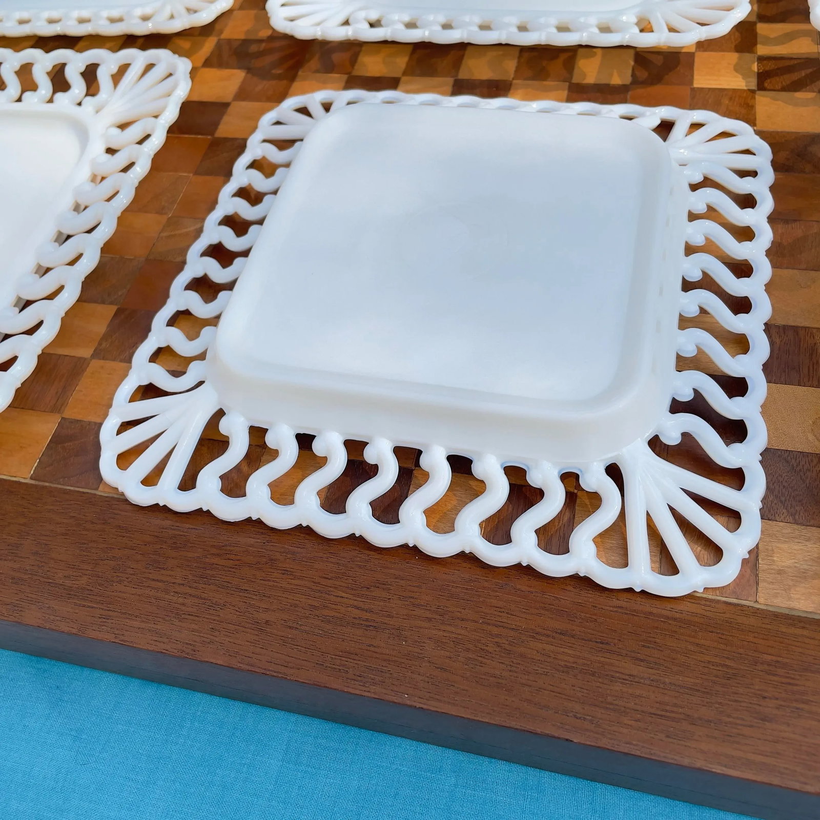 1940s Westmoreland Square Reticulated Milk Glass Plates- Set of 8 - 6