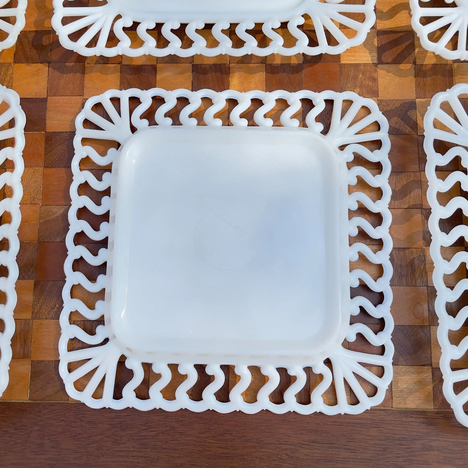 1940s Westmoreland Square Reticulated Milk Glass Plates- Set of 8 - 7