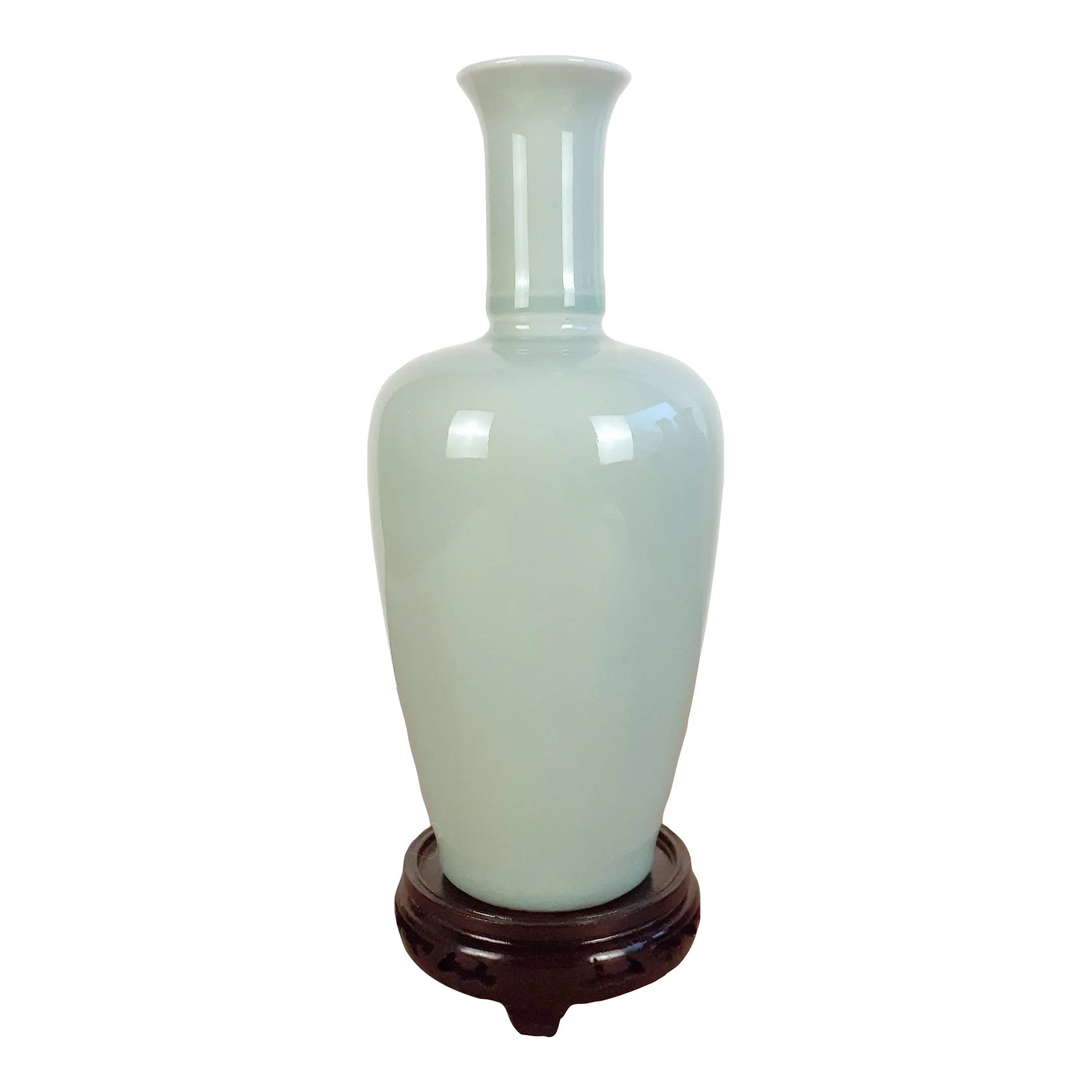 Early 20th Century Chinese Celadon Liuyeping Vase: Chinese celadon liuyeping vase, willow leaf form, celadon glaze to the body and interior, white glazed inset base. A darker celadon ring bands the pinched base of the neck. A Blue six character