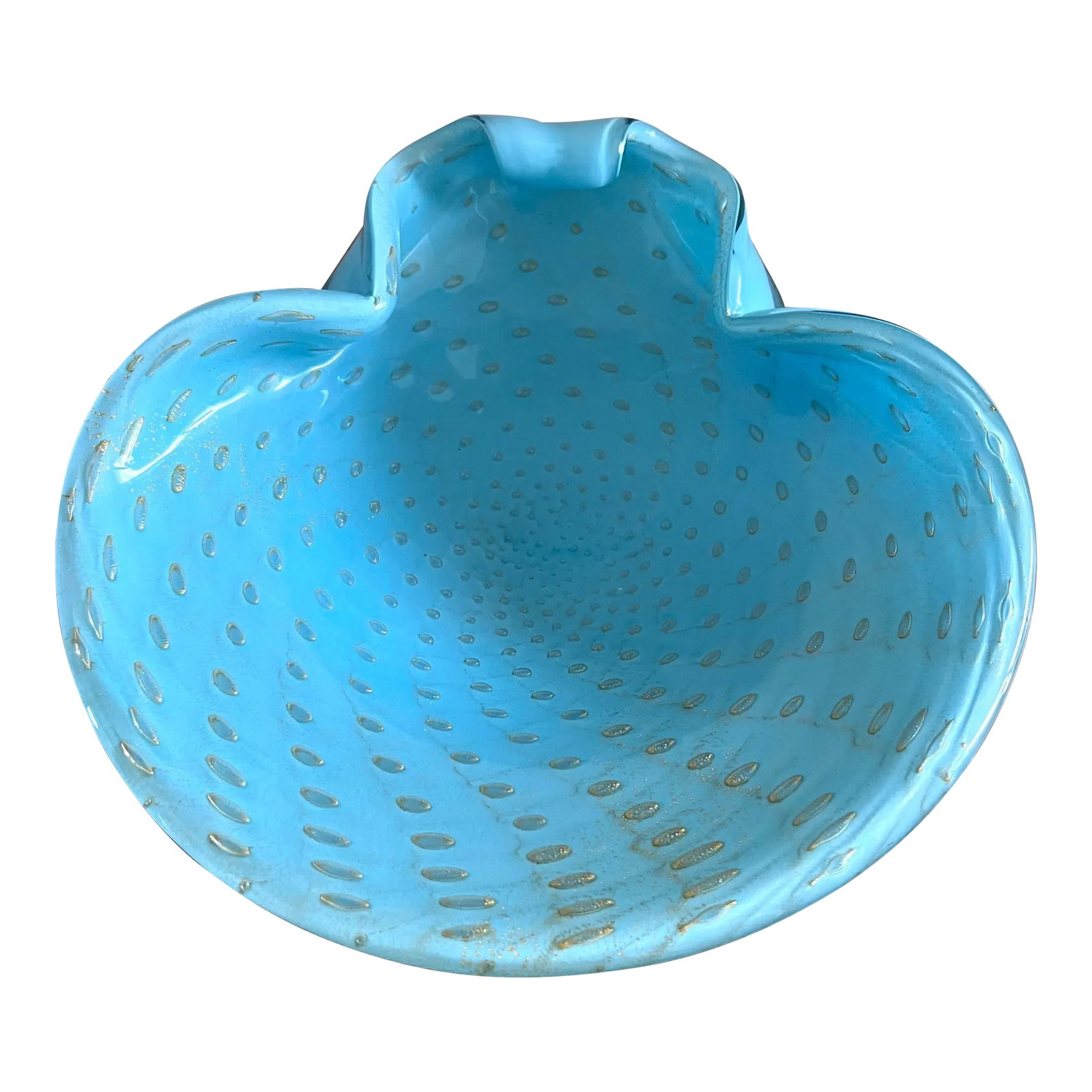 Mid 20th Century Turquoise Alfredo Barbini Murano Attributed Bowl in the Shape of a Shell (1 of 9)