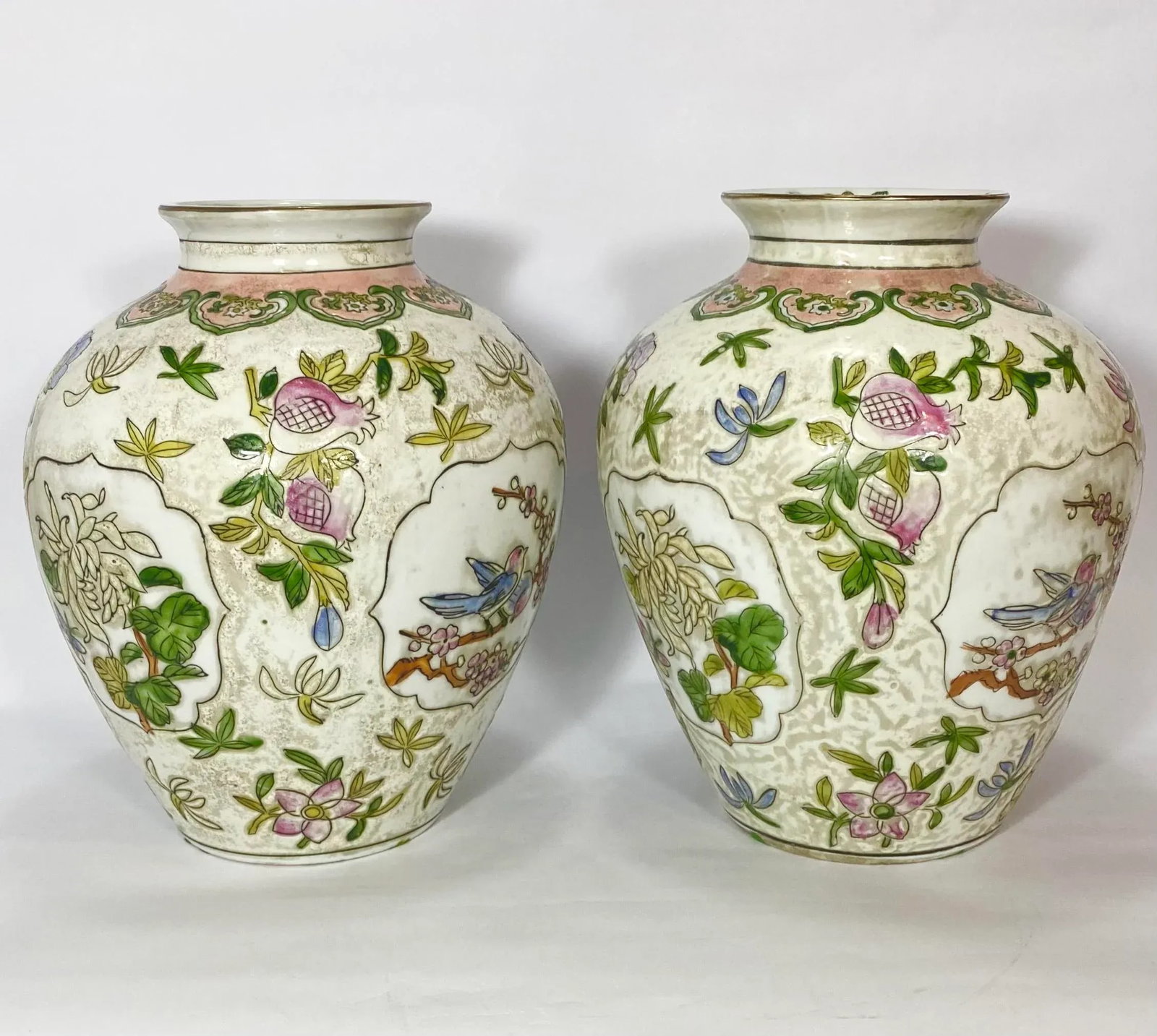 Vintage Pair Chinese Vases Birds, Flowers, Pomegranates Style of "Great Qing Tungzhi" Period Made in - 10
