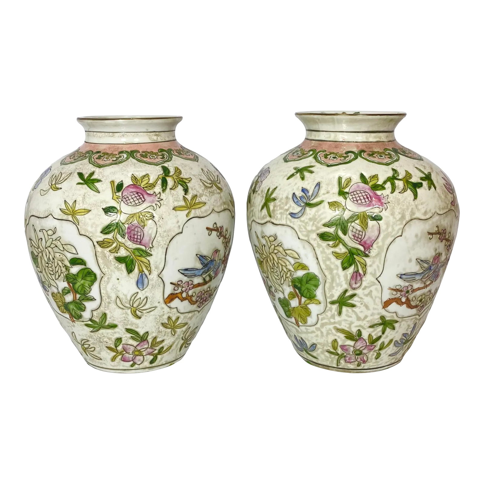 Vintage Pair Chinese Vases Birds, Flowers, Pomegranates Style of "Great Qing Tungzhi" Period Made in: Pair Chinese Vases in the style of the "Great Qing Tungzhi" period Made in Macau in the 1970's this pair is low relief, hand painted with beautiful glazing. The motifs of the Quing Tungzhi Period are 