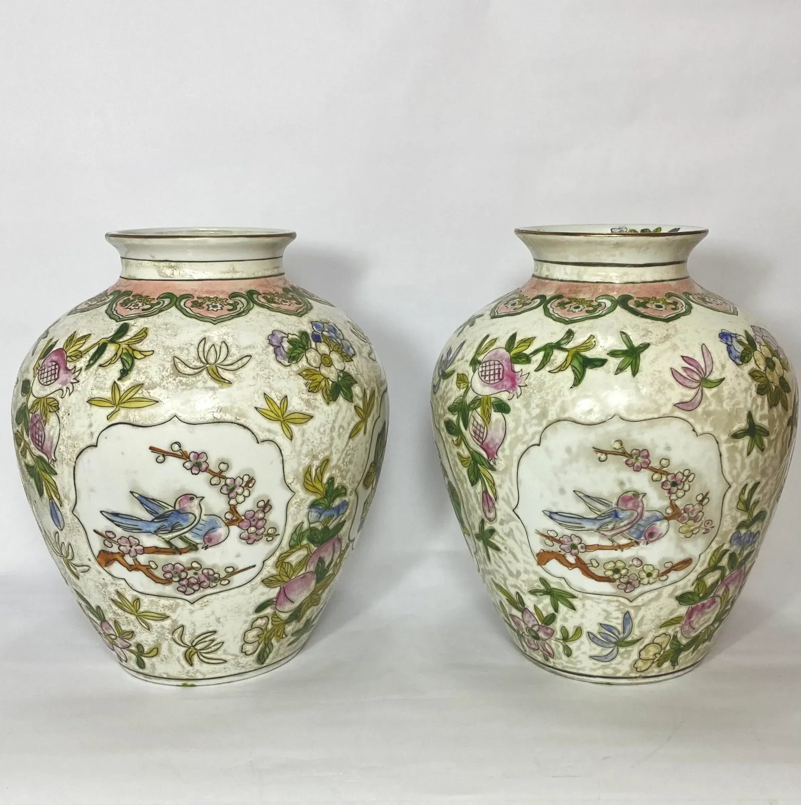 Vintage Pair Chinese Vases Birds, Flowers, Pomegranates Style of "Great Qing Tungzhi" Period Made in - 2