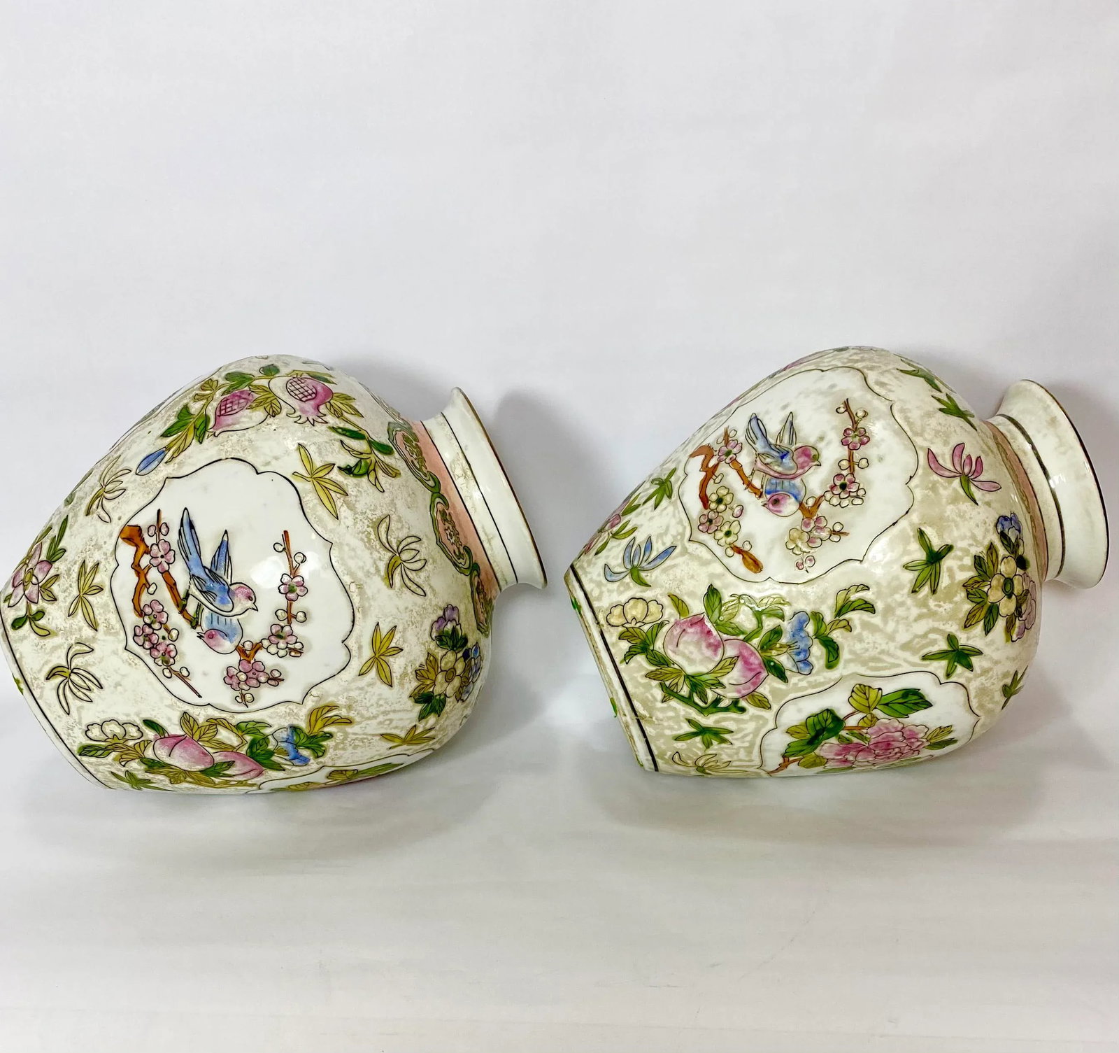 Vintage Pair Chinese Vases Birds, Flowers, Pomegranates Style of "Great Qing Tungzhi" Period Made in - 7